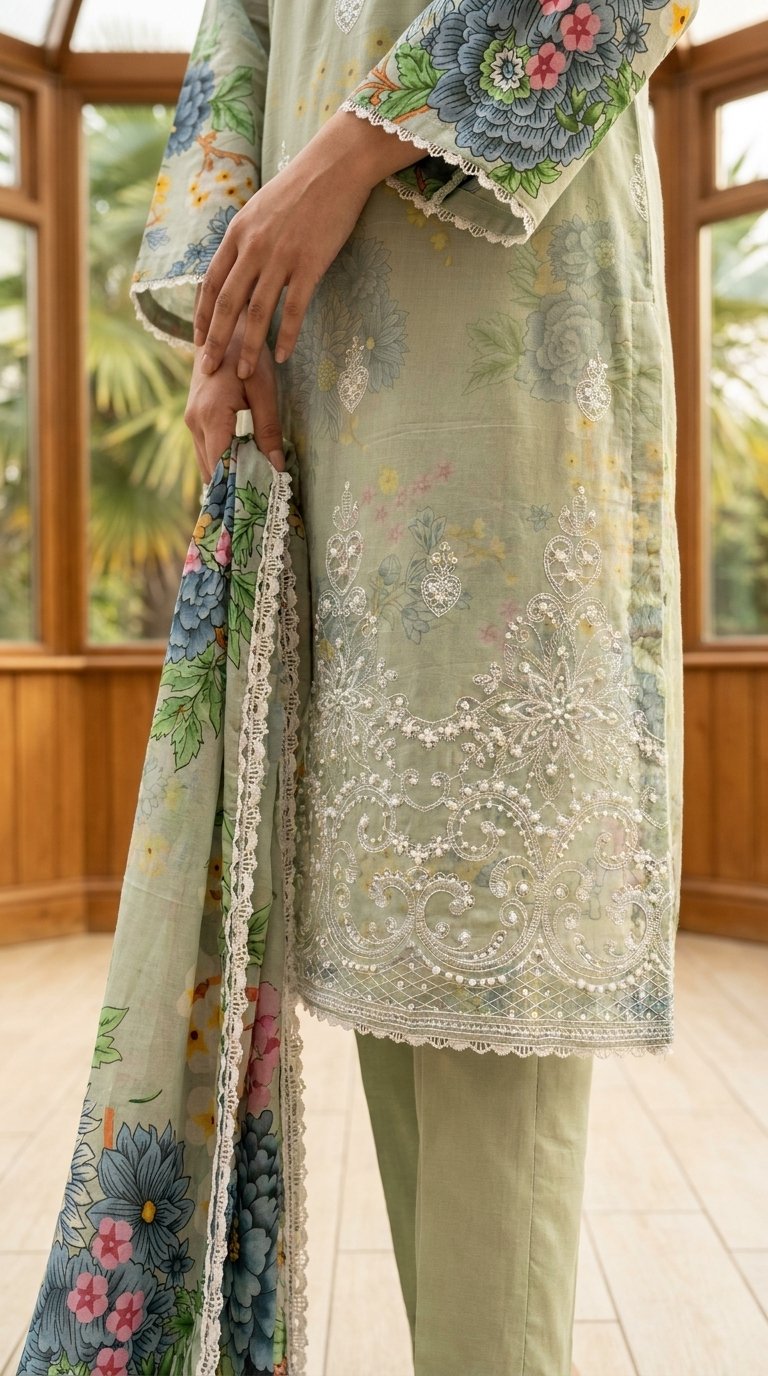 FB-383 | Soft Sage Green | 3 Pcs Unstitch With Cambric Trouser - Image 3