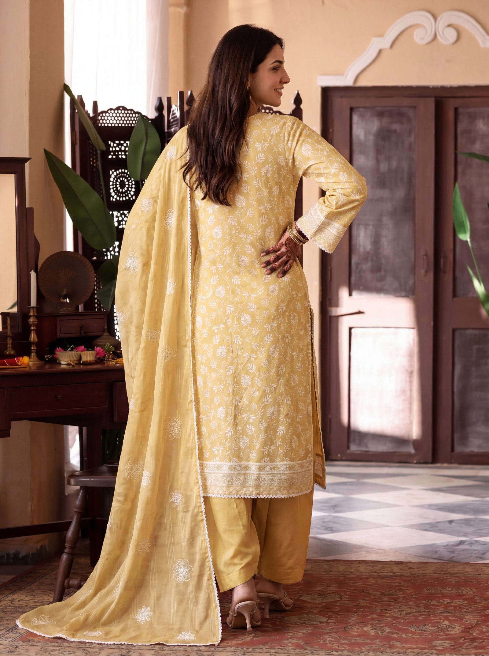 FB-365 | Honey Mustard | 3 Pcs Unstitch With Cotton Trouser - Image 2