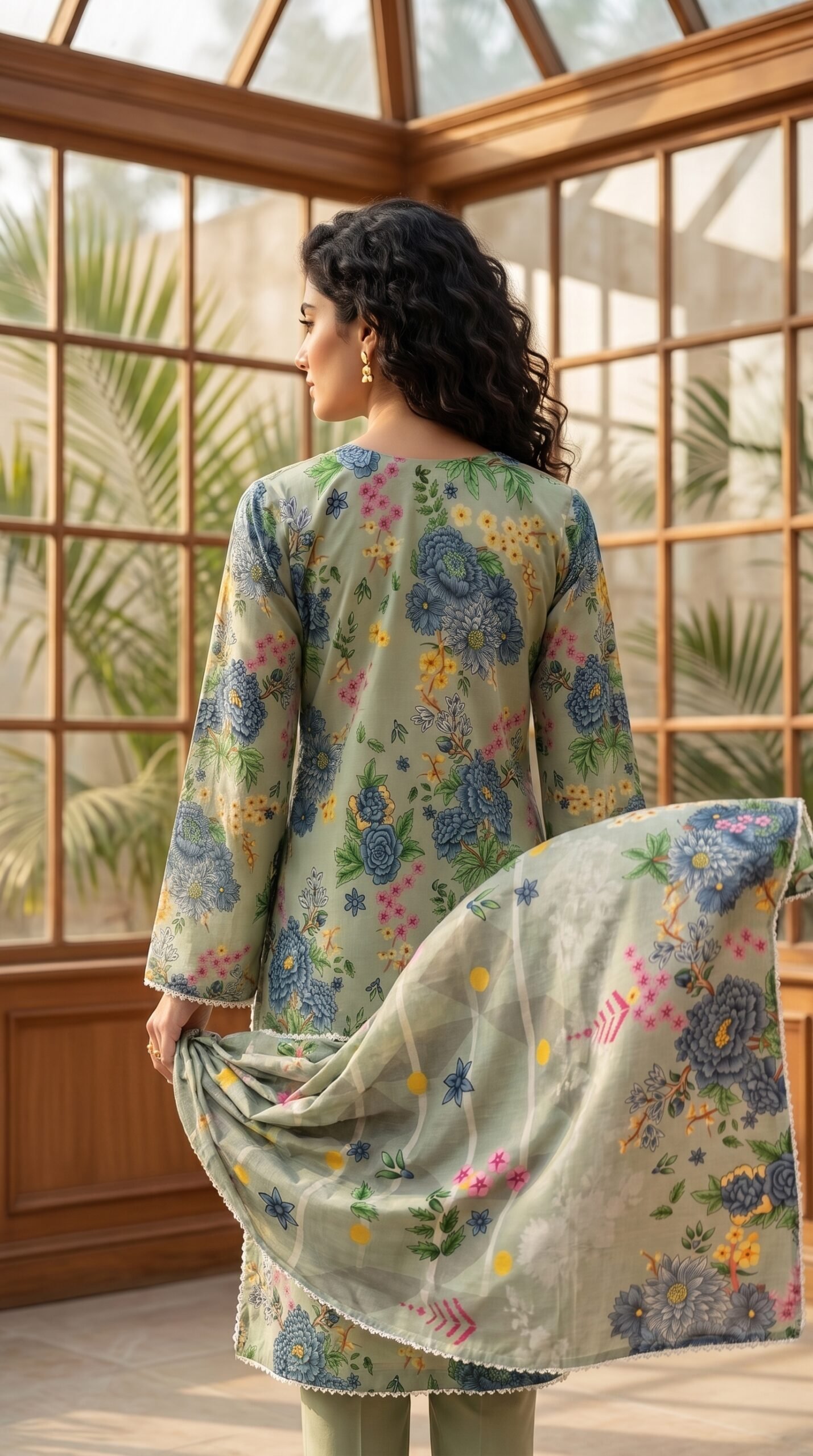 FB-383 | Soft Sage Green | 3 Pcs Unstitch With Cambric Trouser - Image 2