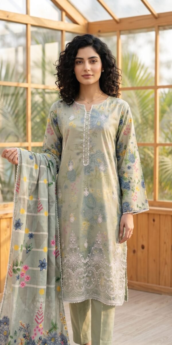 FB-383 | Soft Sage Green | 3 Pcs Unstitch With Cambric Trouser