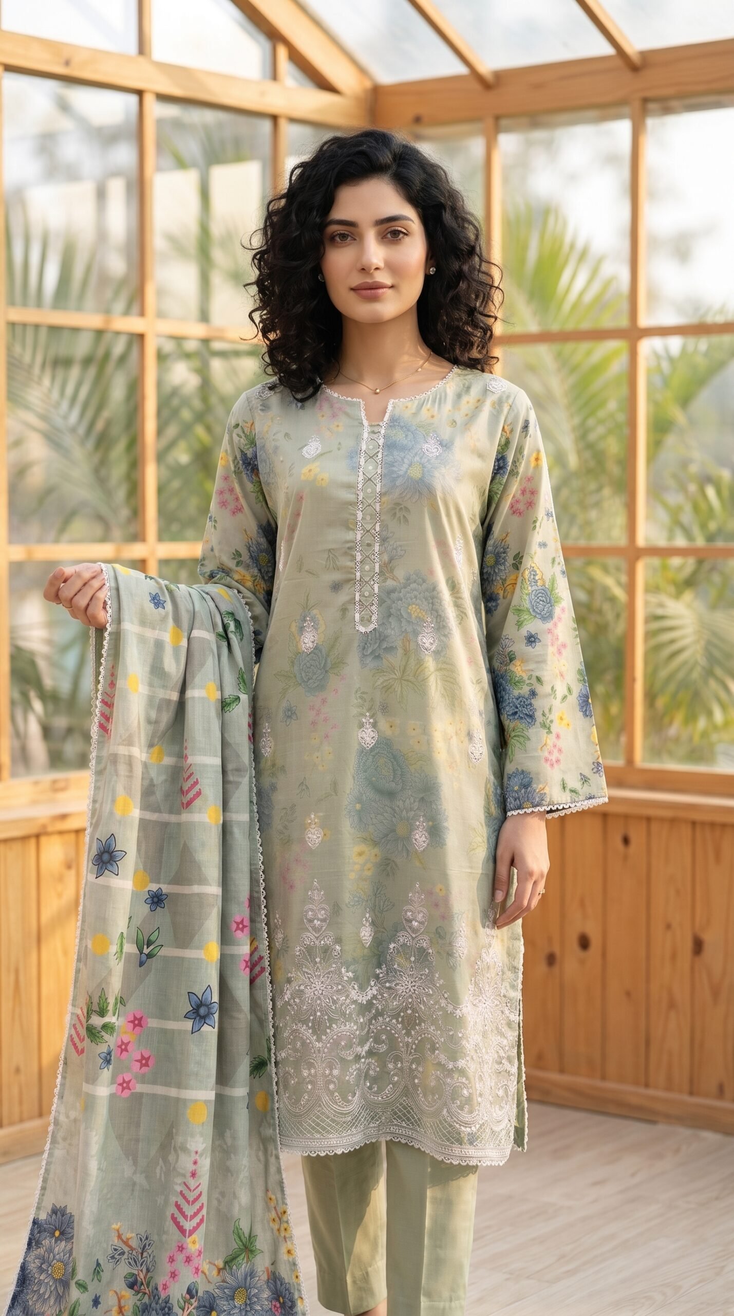 FB-383 | Soft Sage Green | 3 Pcs Unstitch With Cambric Trouser