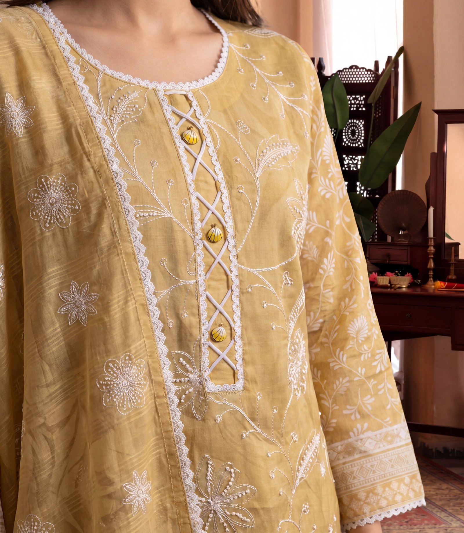 FB-365 | Honey Mustard | 3 Pcs Unstitch With Cotton Trouser - Image 4