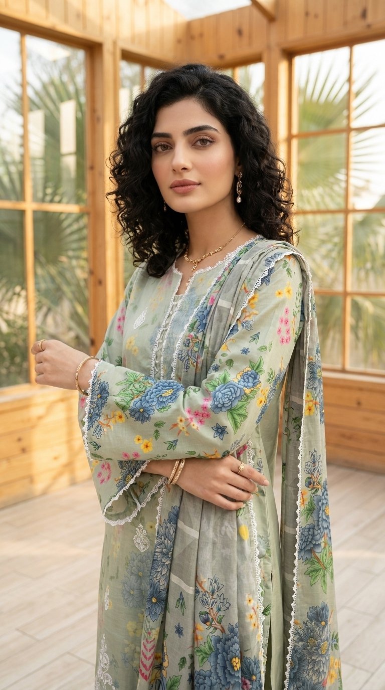 FB-383 | Soft Sage Green | 3 Pcs Unstitch With Cambric Trouser - Image 4