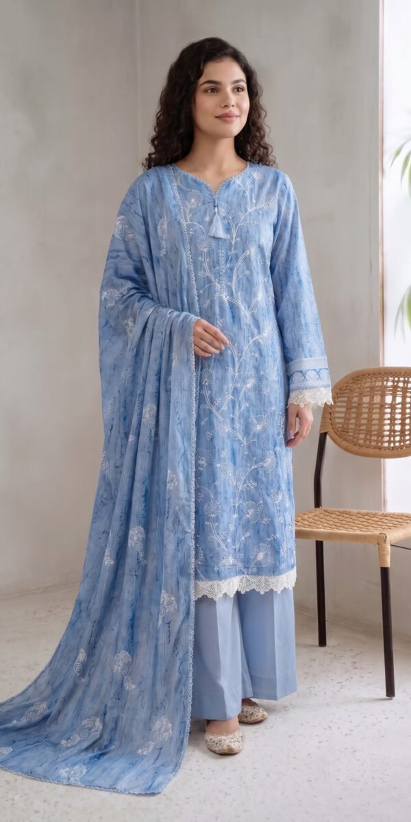 FB-372 | Powder Blue | 3 Pcs Unstitch With Cambric Trouser