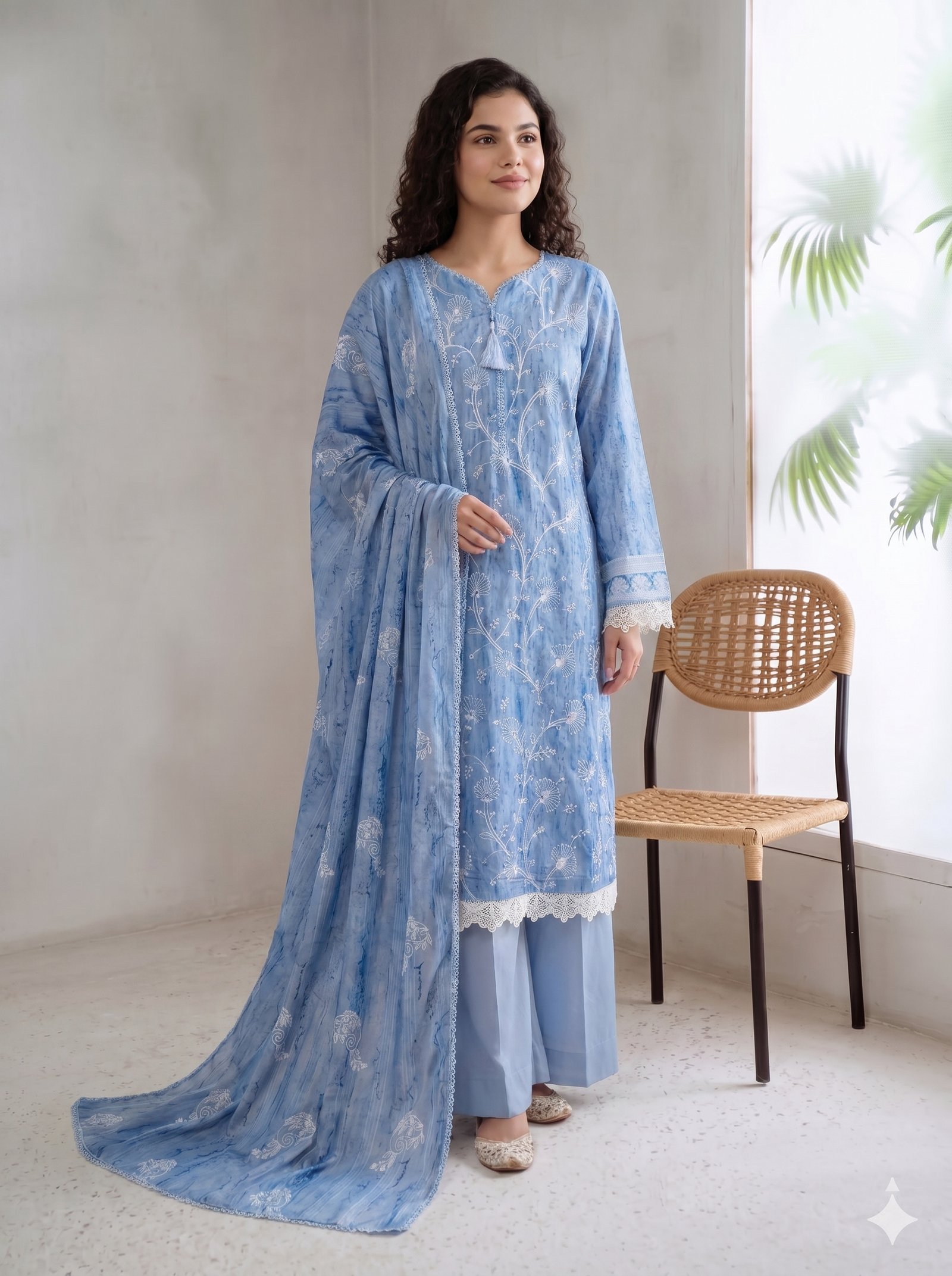 FB-372 | Powder Blue | 3 Pcs Unstitch With Cambric Trouser