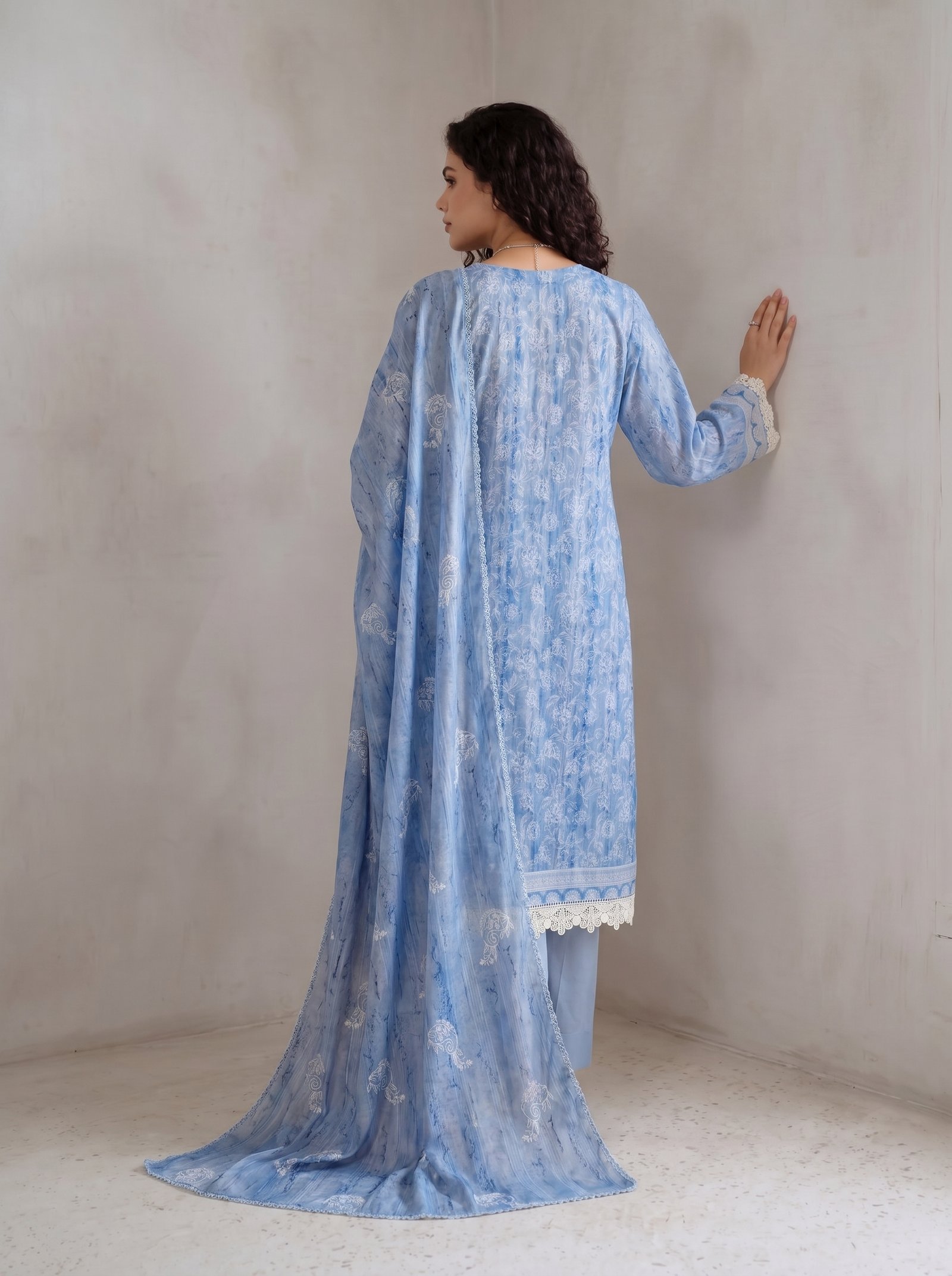 FB-372 | Powder Blue | 3 Pcs Unstitch With Cambric Trouser - Image 2