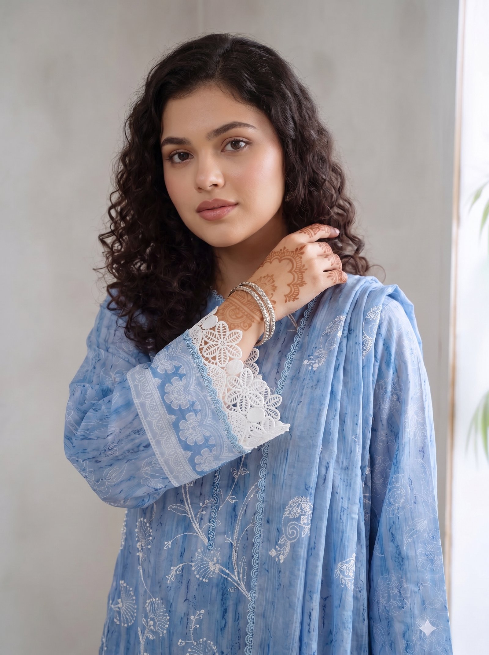 FB-372 | Powder Blue | 3 Pcs Unstitch With Cambric Trouser - Image 4
