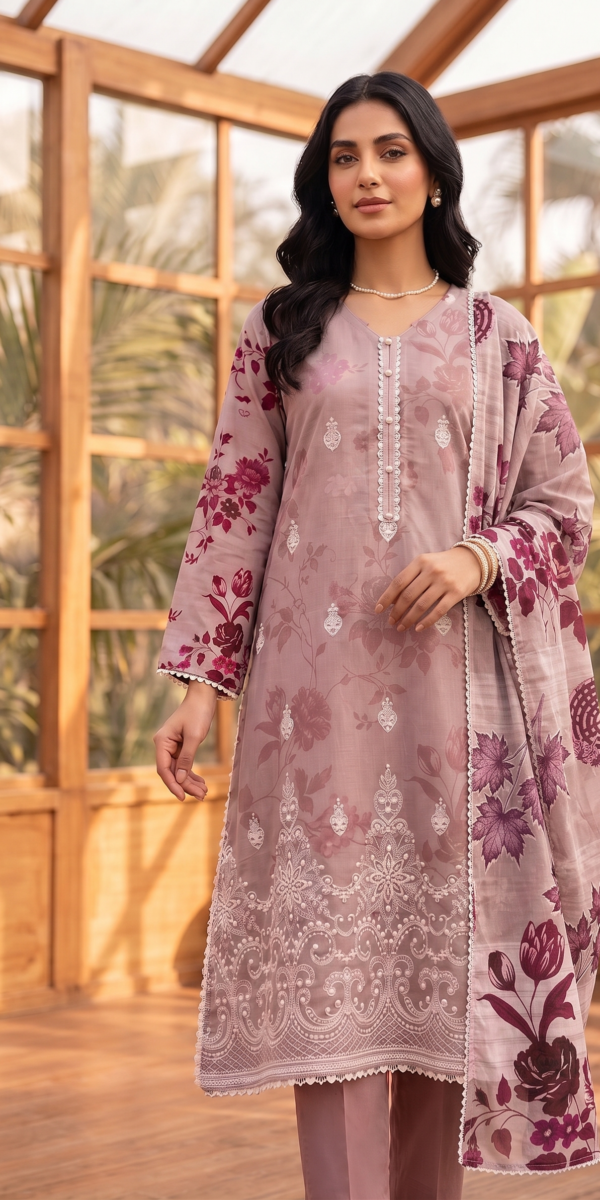 FB-383 | Dusty Mauve | 3 Pcs Unstitch With Cambric Trouser