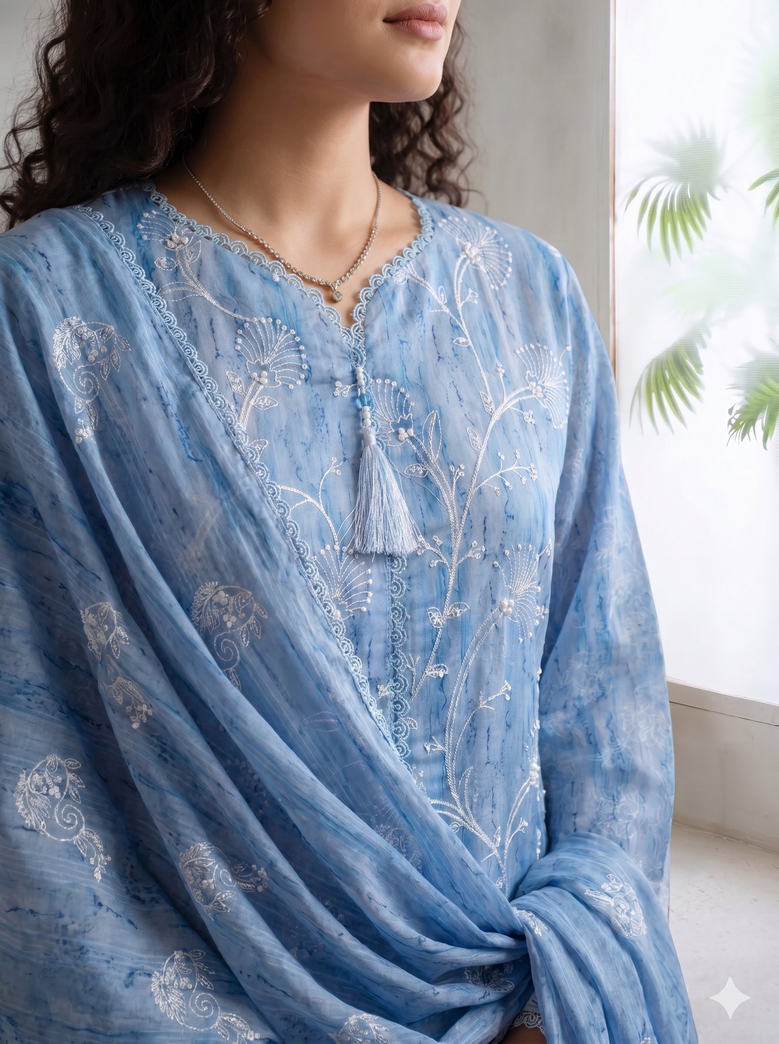 FB-372 | Powder Blue | 3 Pcs Unstitch With Cambric Trouser - Image 5