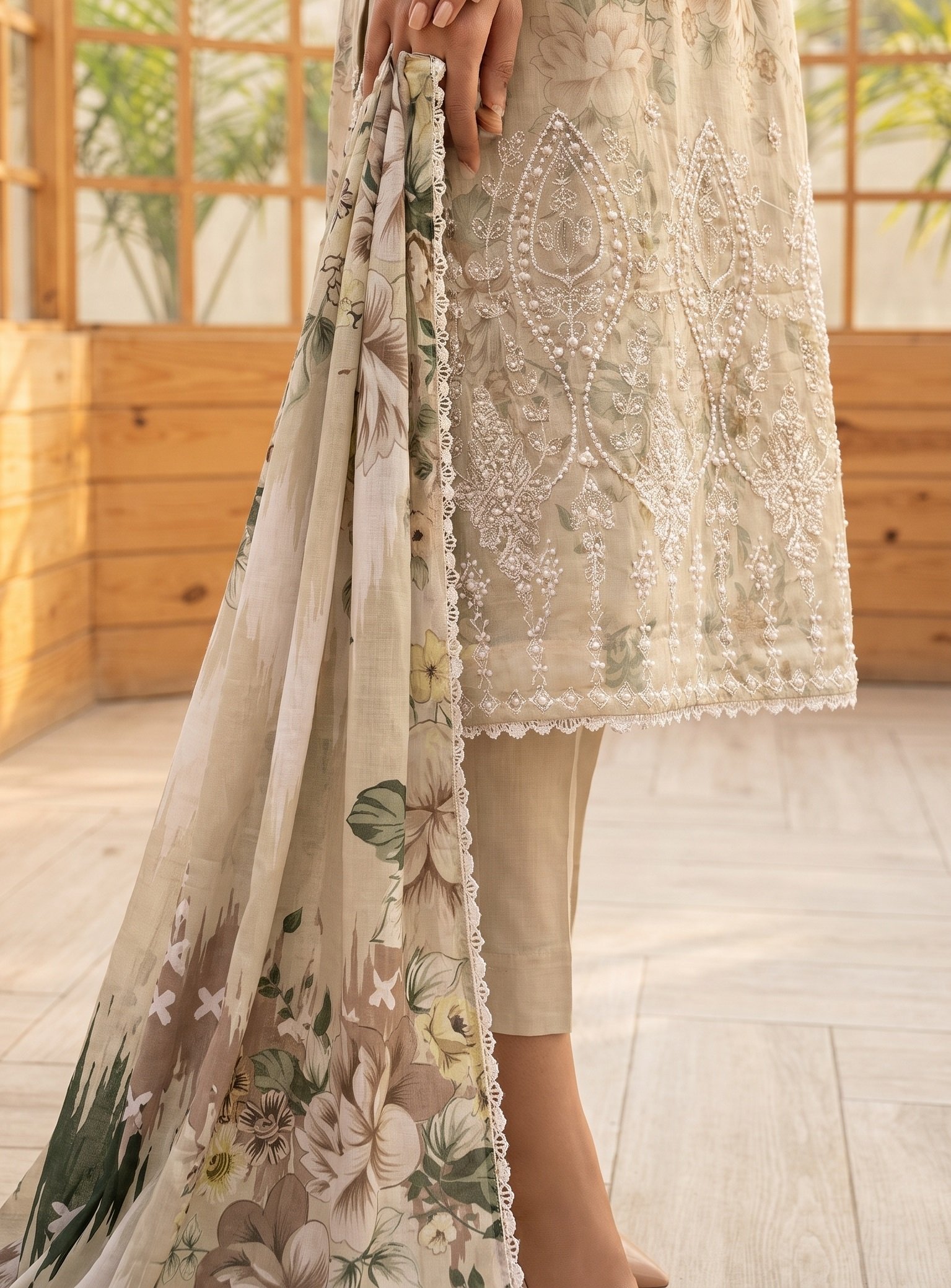 FB-386 | Skin | 3 Pcs Unstitch With Cambric Trouser - Image 3
