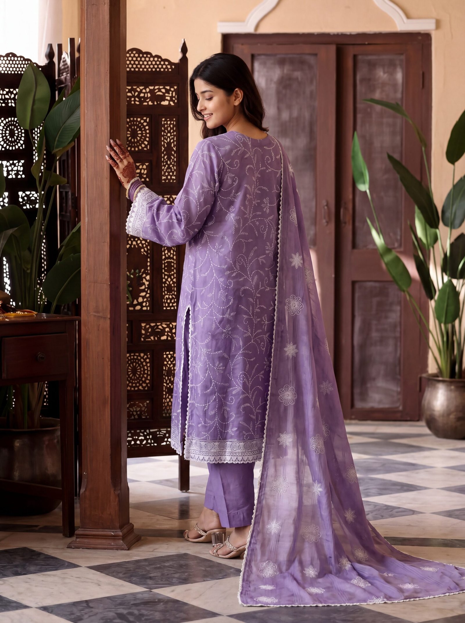 FB-365 | Lavender Bloom | 3 Pcs Unstitch With Cotton Trouser - Image 2