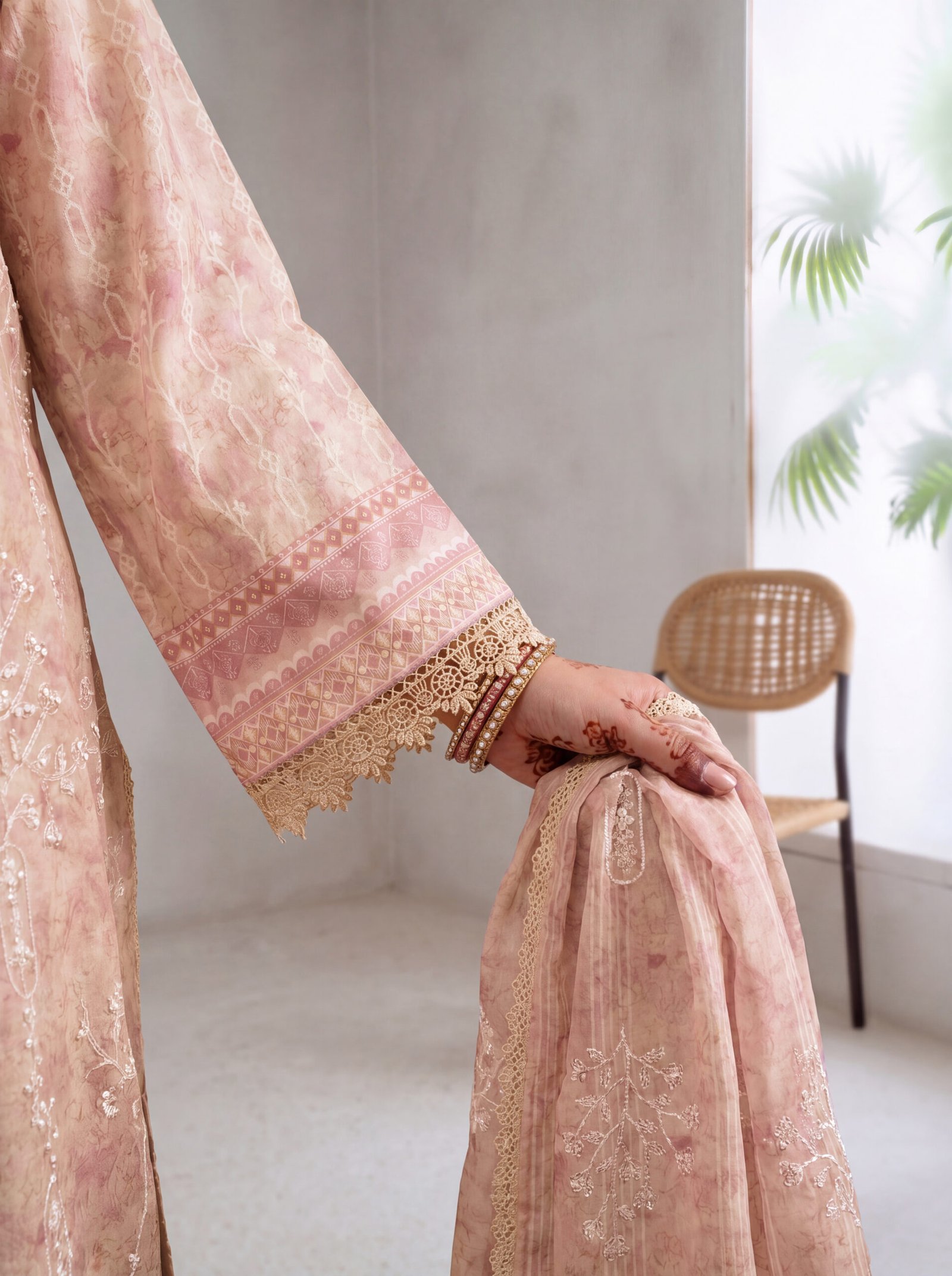 FB-372 | Soft Peach | 3 Pcs Unstitch With Cambric Trouser - Image 4