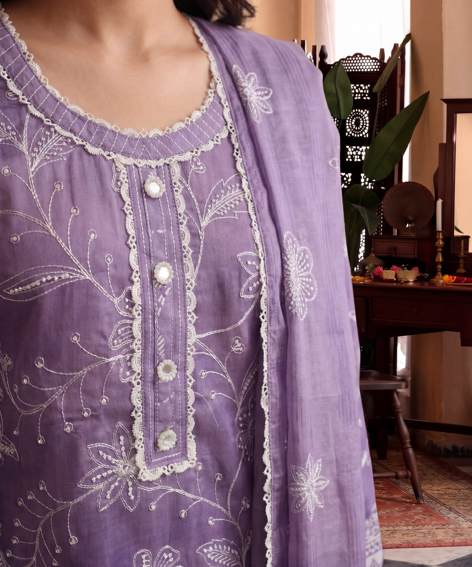 FB-365 | Lavender Bloom | 3 Pcs Unstitch With Cotton Trouser - Image 4