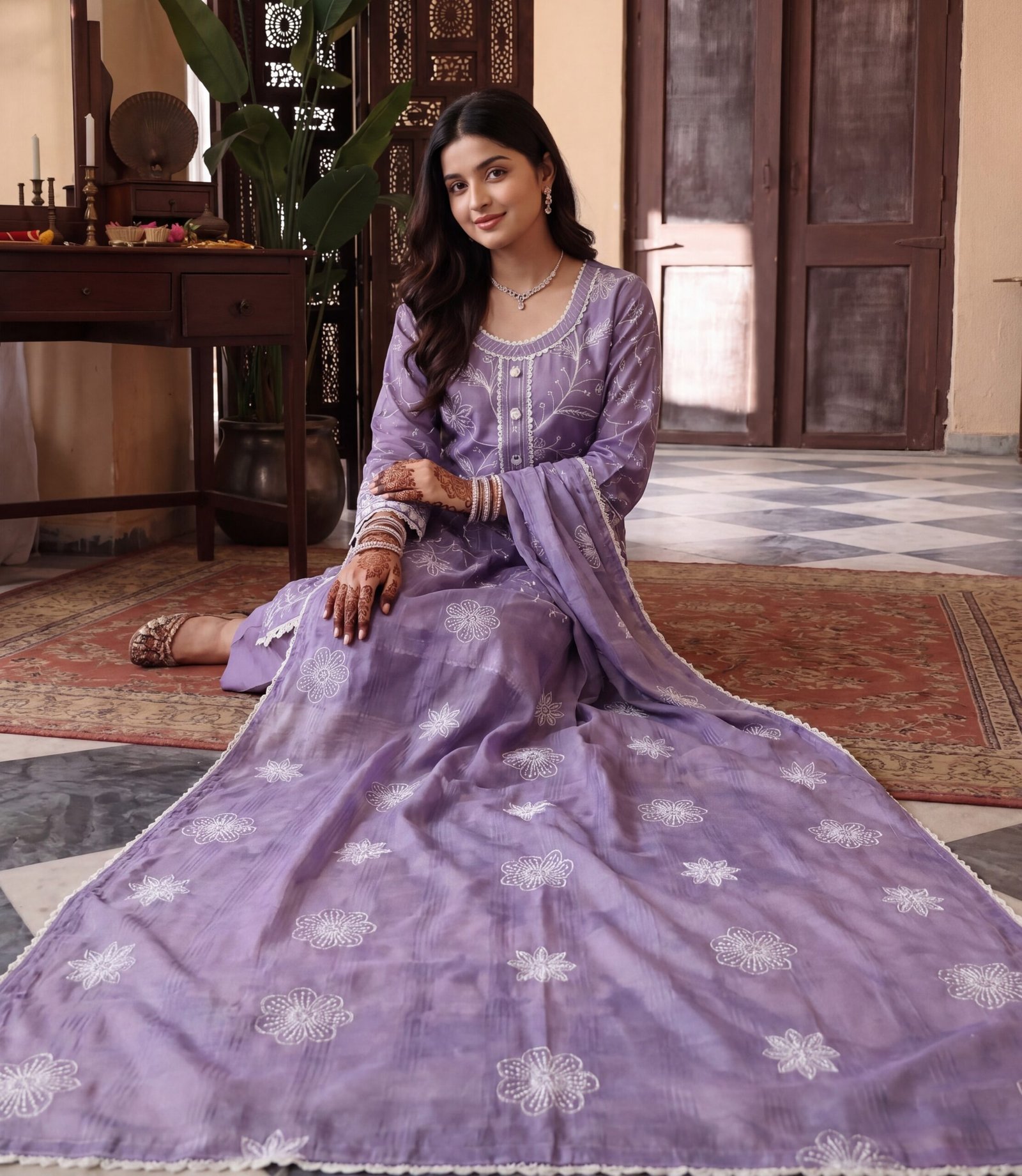 FB-365 | Lavender Bloom | 3 Pcs Unstitch With Cotton Trouser - Image 3
