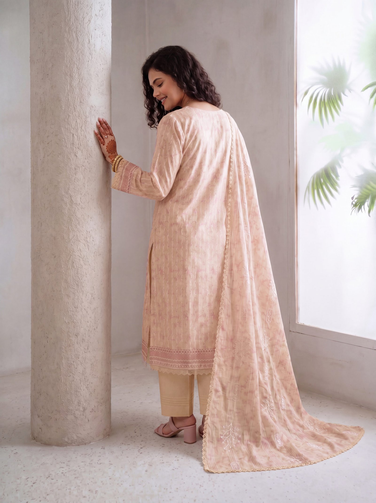 FB-372 | Soft Peach | 3 Pcs Unstitch With Cambric Trouser - Image 2