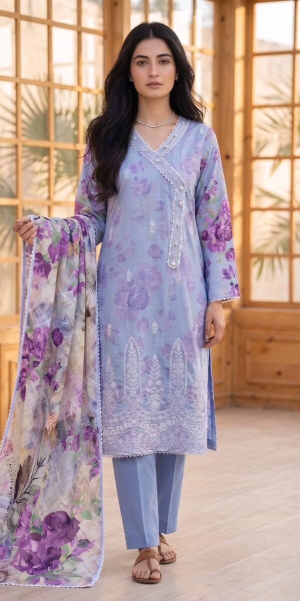 FB-385 | Lavender Blue | 3 Pcs Unstitch With Cambric Trouser