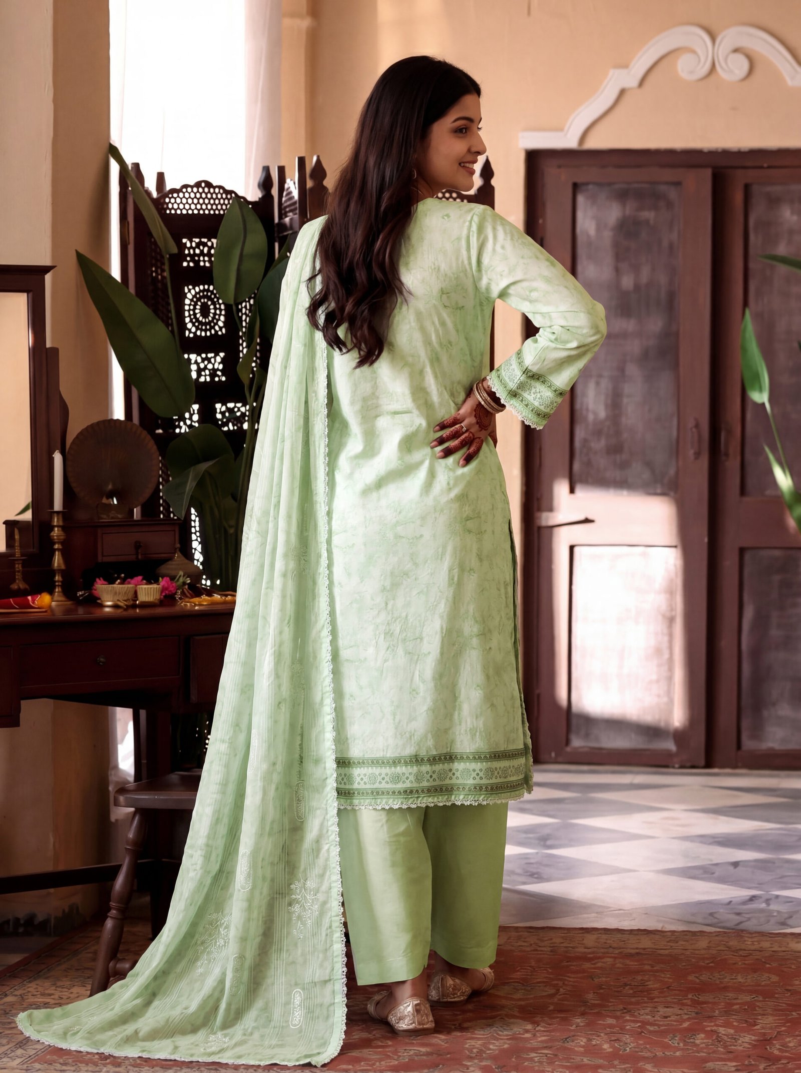 FB-361 | Mint Blossom | 3 Pcs Unstitch With Cotton Trouser - Image 2