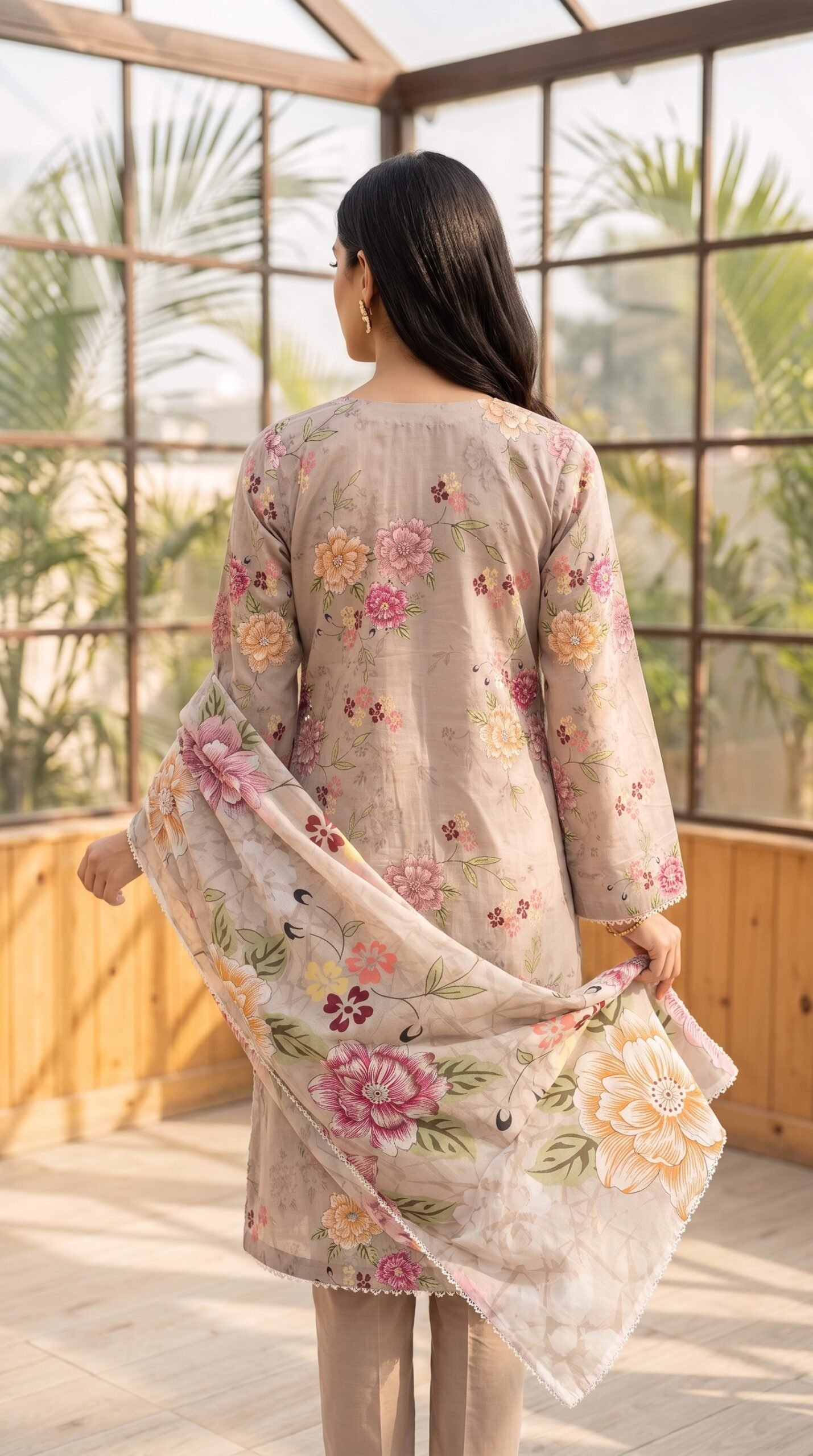 FB-385 | Warm Sand Beige | 3 Pcs Unstitch With Cambric Trouser - Image 2