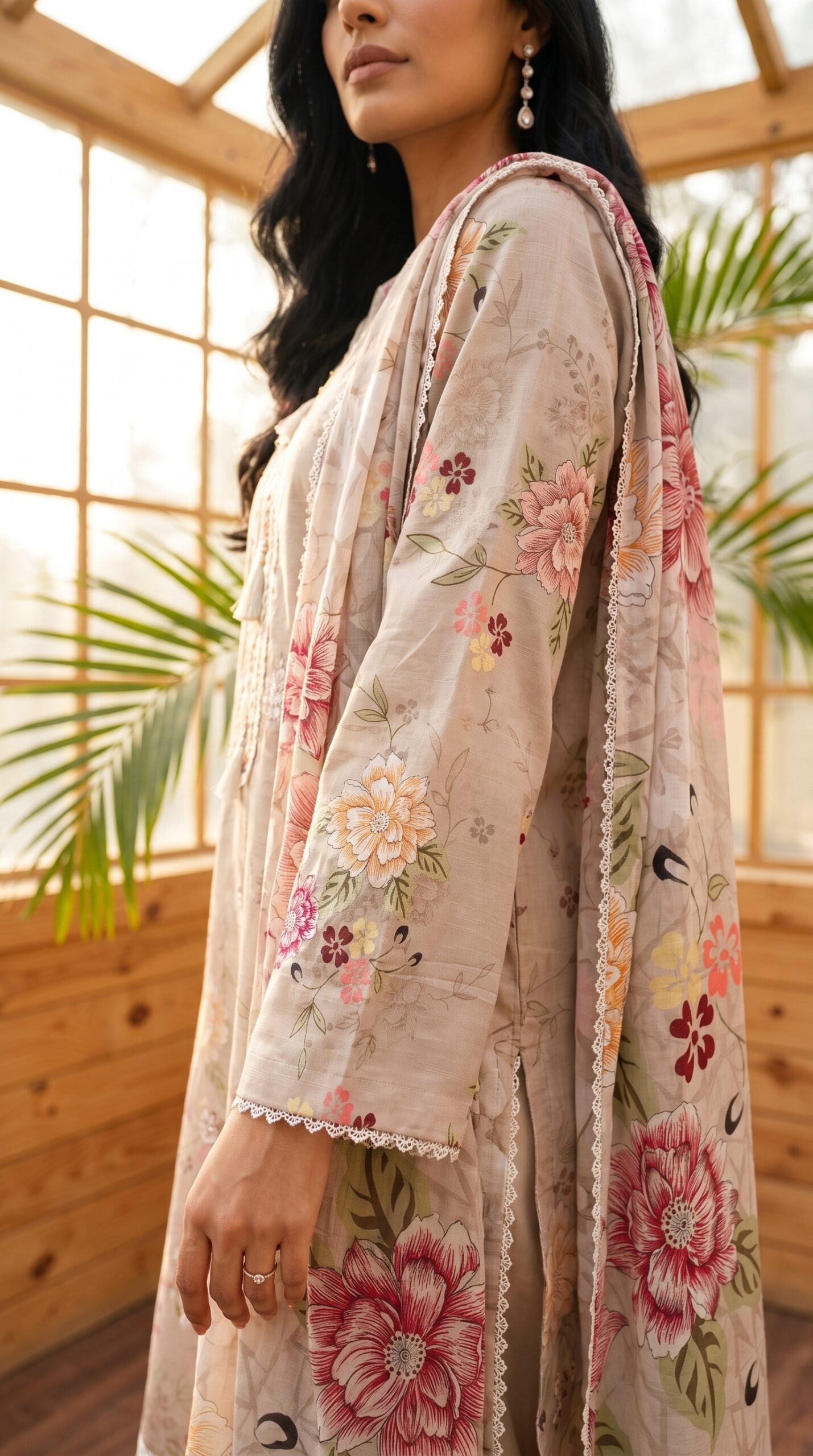 FB-385 | Warm Sand Beige | 3 Pcs Unstitch With Cambric Trouser - Image 4