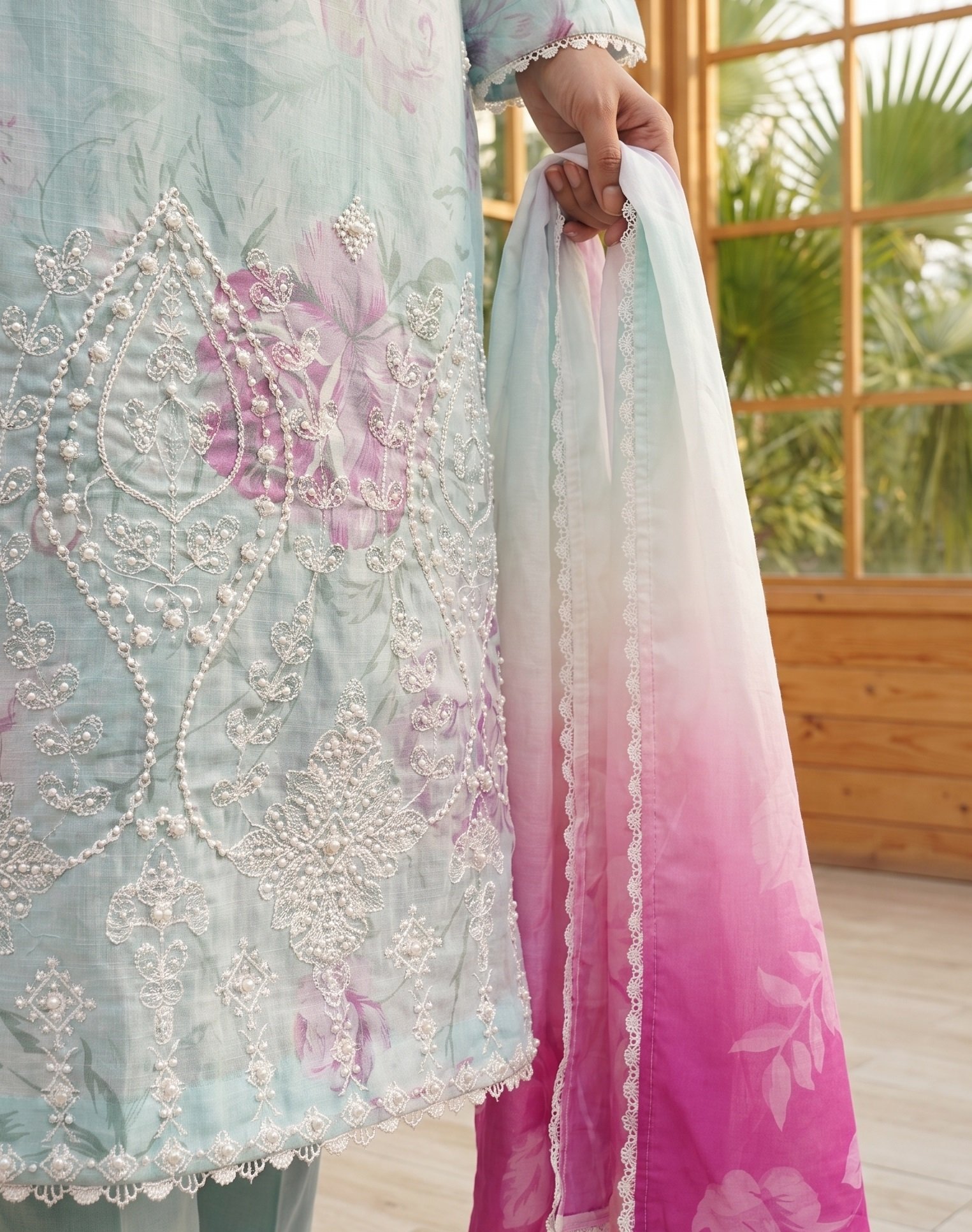 FB-386 | Ice Blue | 3 Pcs Unstitch With Cambric Trouser - Image 3