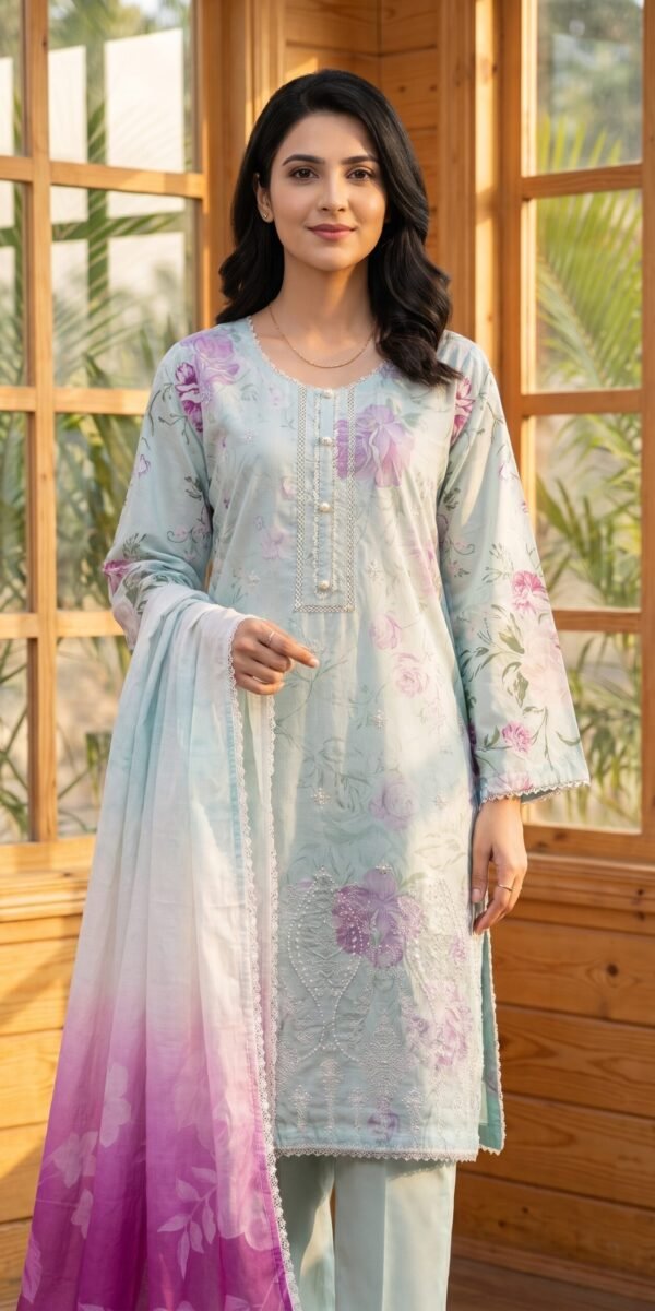 FB-386 | Ice Blue | 3 Pcs Unstitch With Cambric Trouser