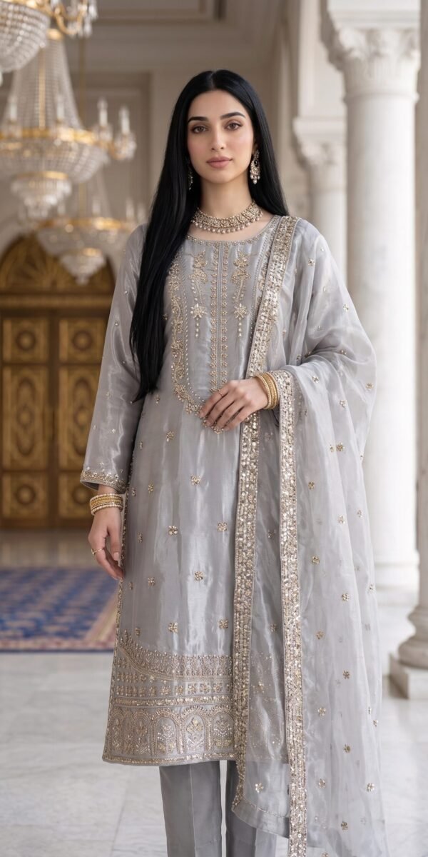 FB-287 | Grey | 3 Pcs Luxury Shesha Silk Embroidered Suit