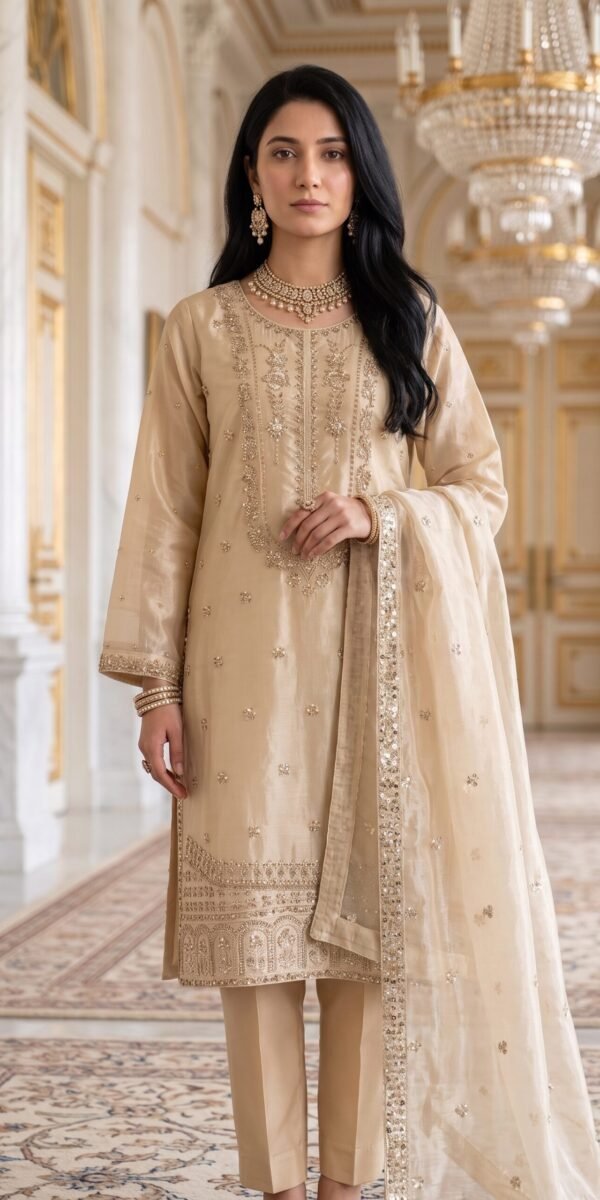 FB-287 | Champagne Beige | 3 Pcs Luxury Shesha Silk Embroidered Suit