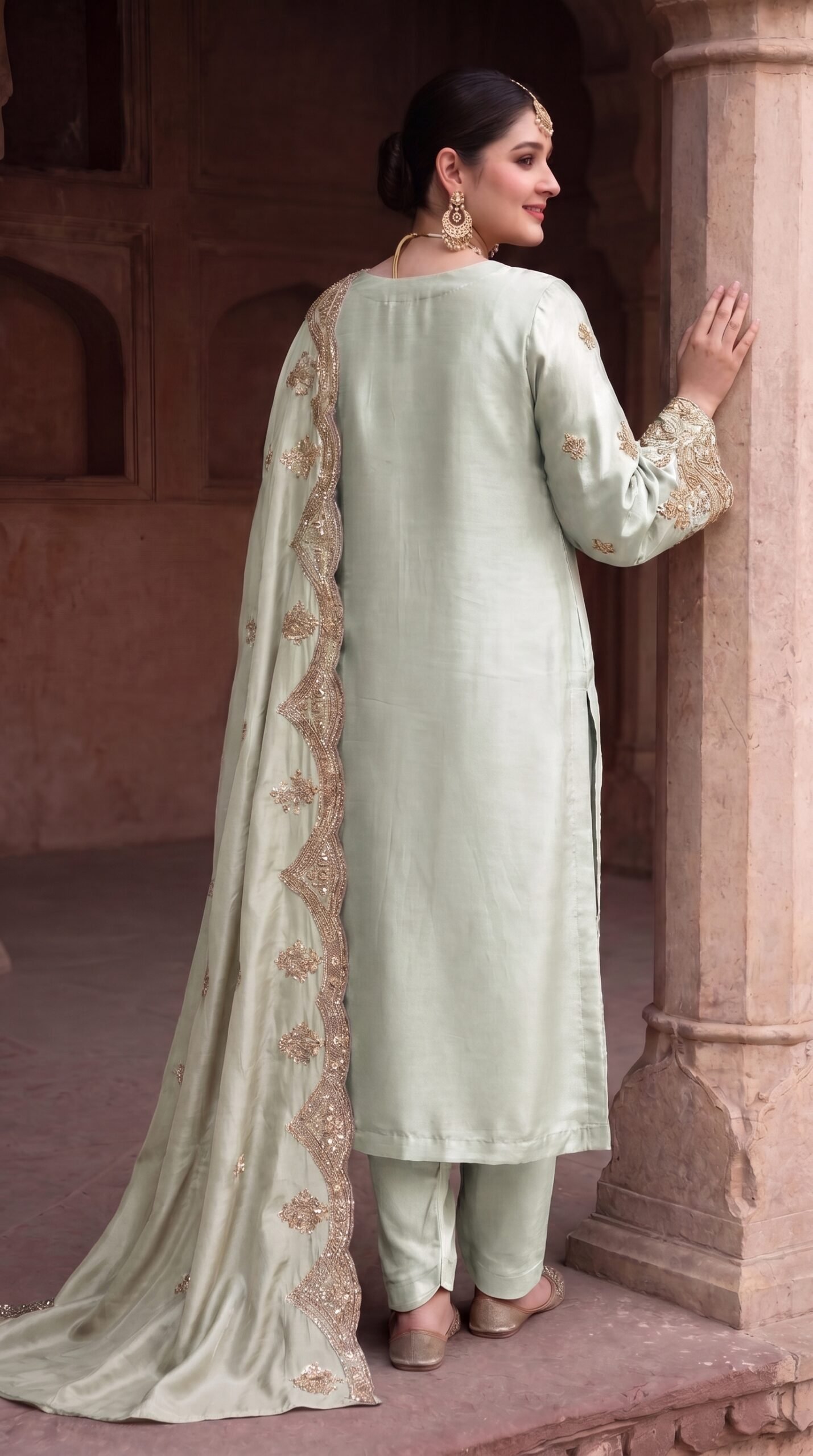 FB-314 | Light Sage Green | 3 Pcs Luxury Shesha Silk Embroidered Suit - Image 2
