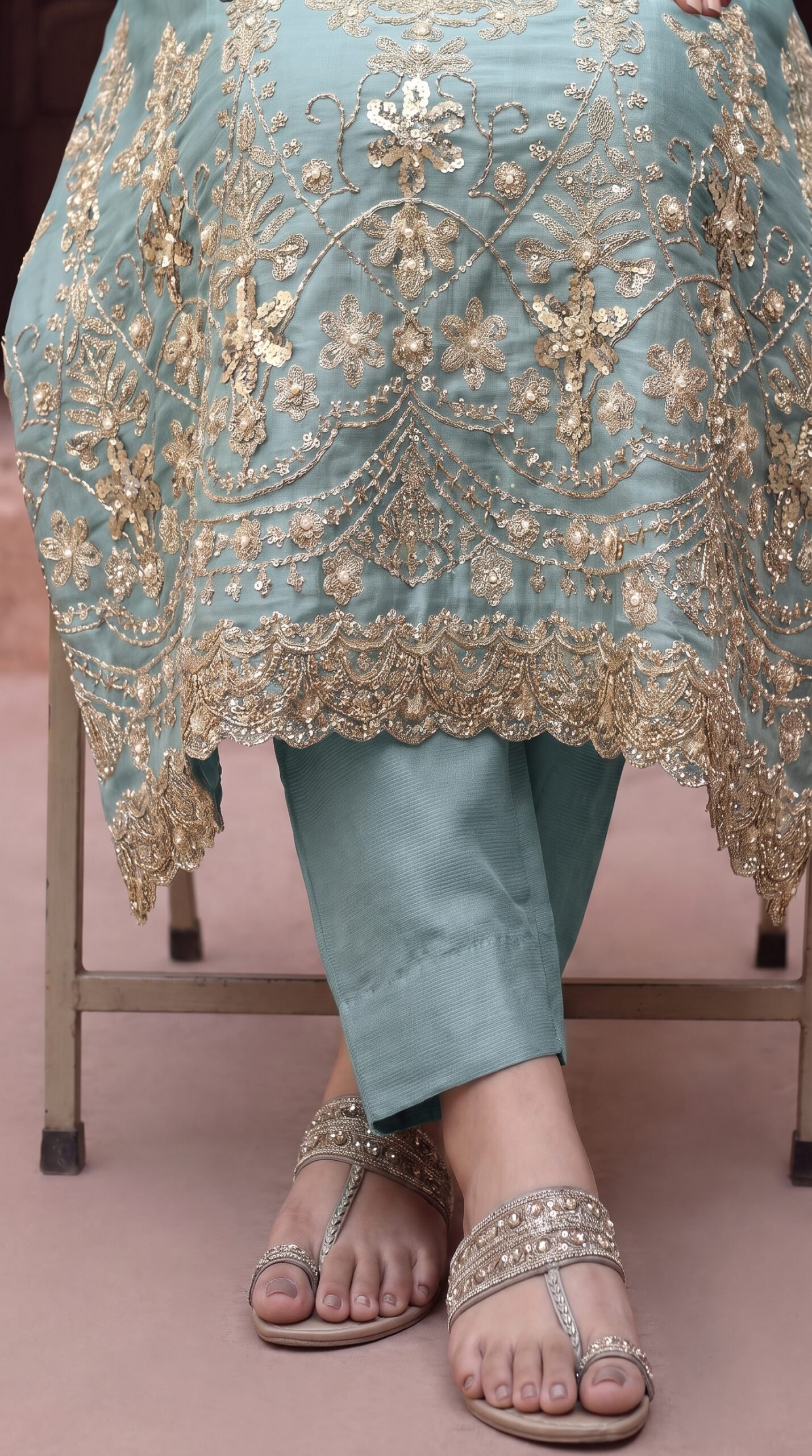 FB-314 | Powder Blue | 3 Pcs Luxury Shesha Silk Embroidered Suit - Image 3