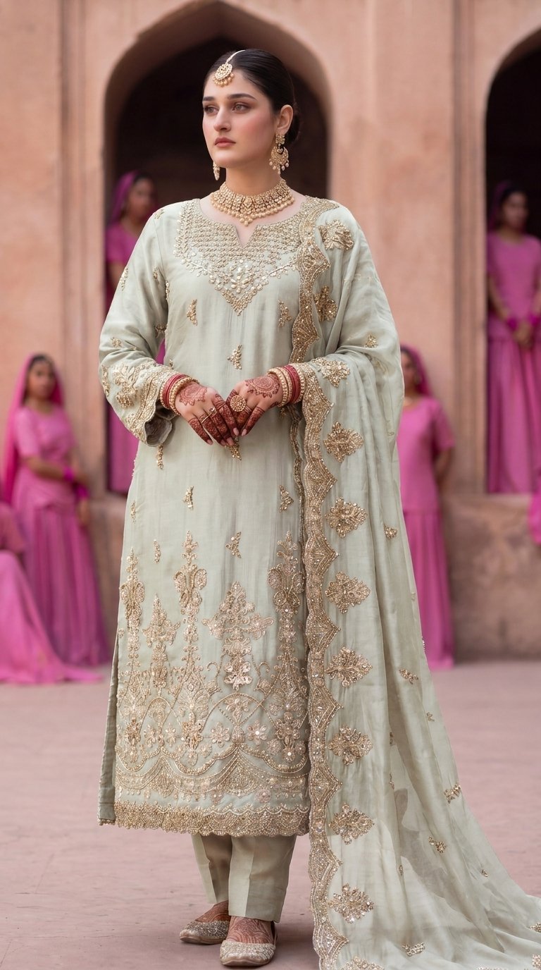 FB-314 | Light Sage Green | 3 Pcs Luxury Shesha Silk Embroidered Suit