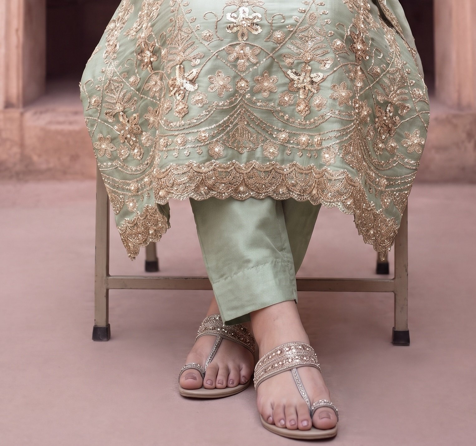 FB-314 | Light Sage Green | 3 Pcs Luxury Shesha Silk Embroidered Suit - Image 3