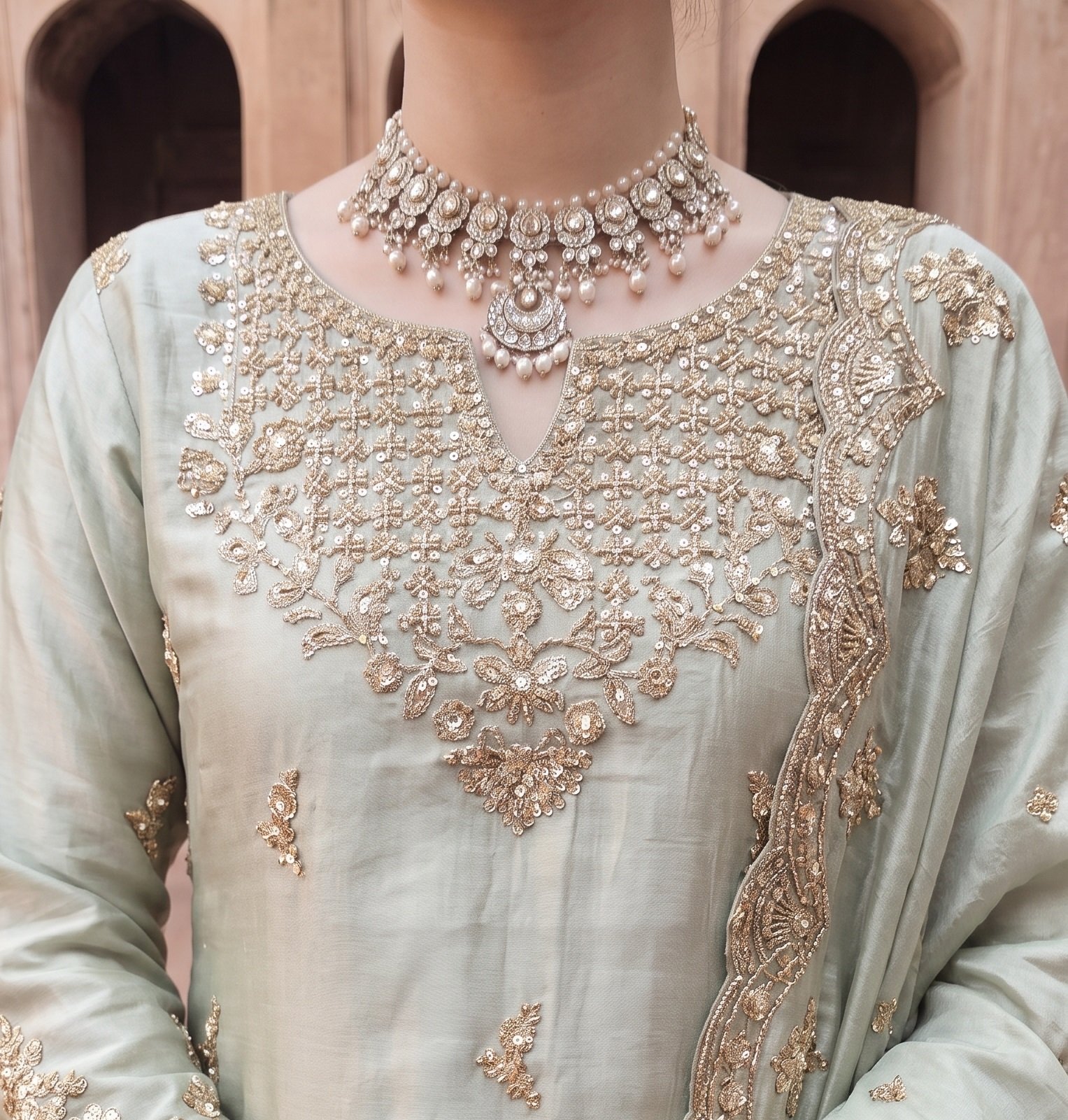 FB-314 | Light Sage Green | 3 Pcs Luxury Shesha Silk Embroidered Suit - Image 4