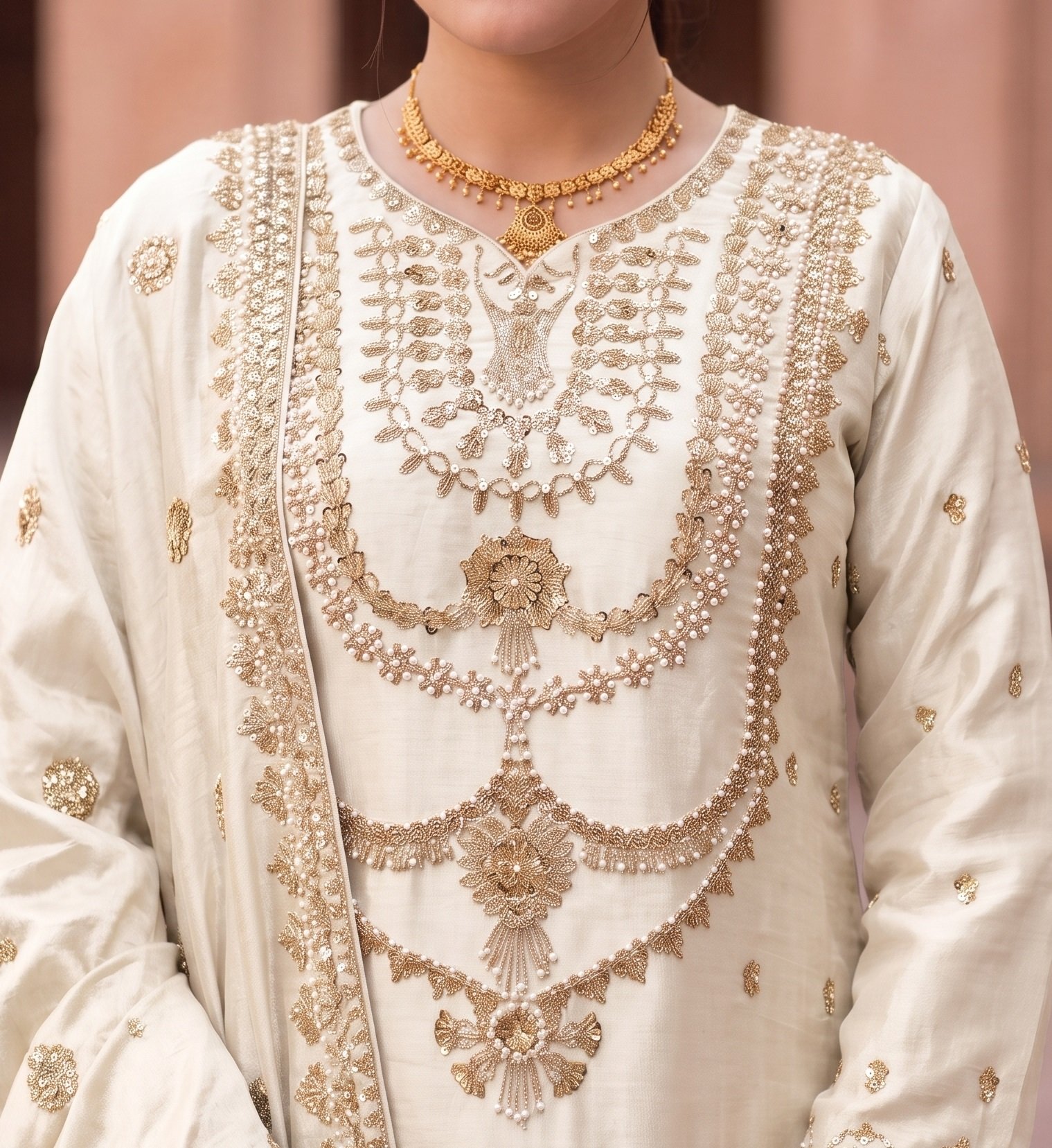 FB-314 | White | 3 Pcs Luxury Shesha Silk Embroidered Suit - Image 4