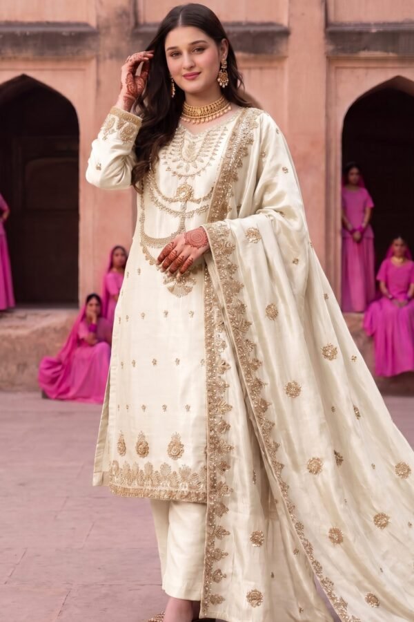 FB-314 | White | 3 Pcs Luxury Shesha Silk Embroidered Suit