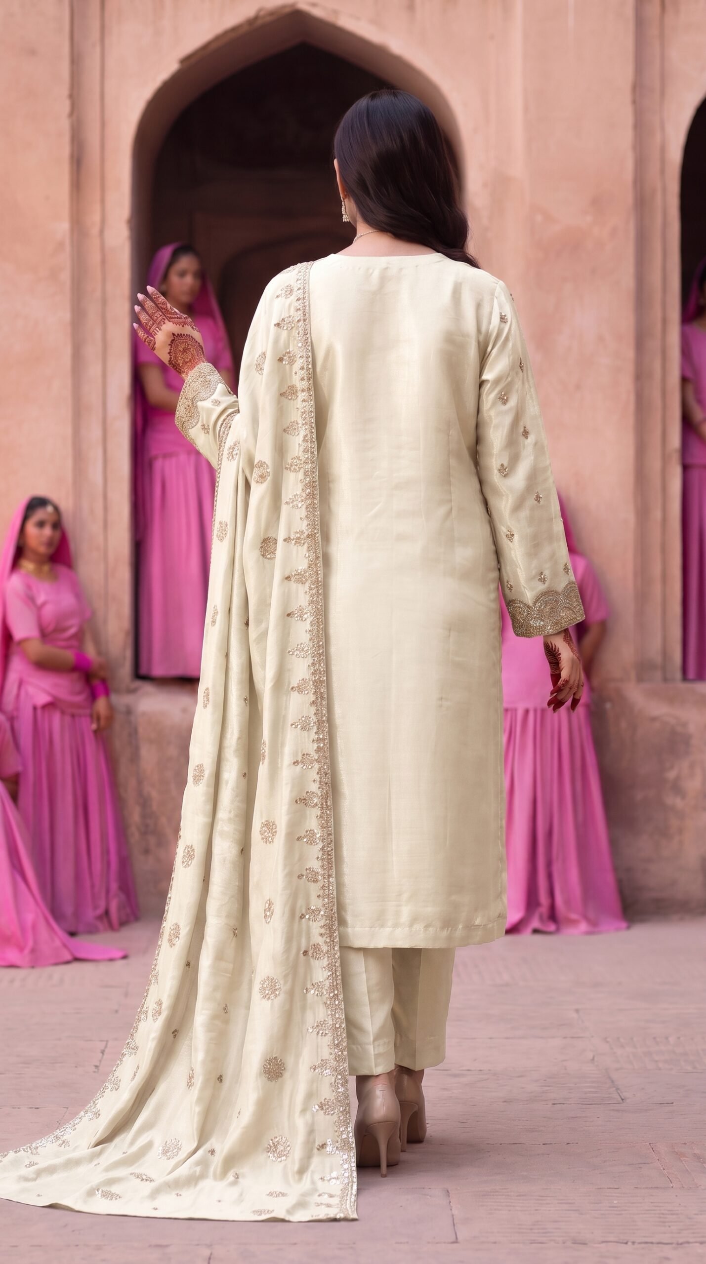 FB-314 | White | 3 Pcs Luxury Shesha Silk Embroidered Suit - Image 2