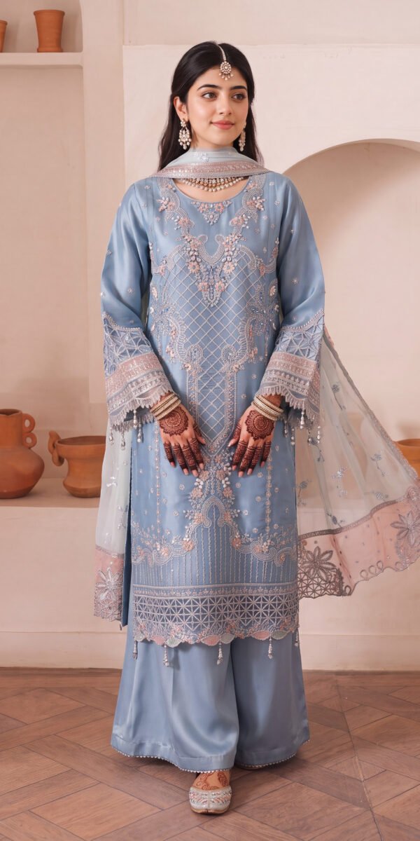 FB-266 | Powder Blue. | 3 Pcs Unstitch With Dyed Trouser