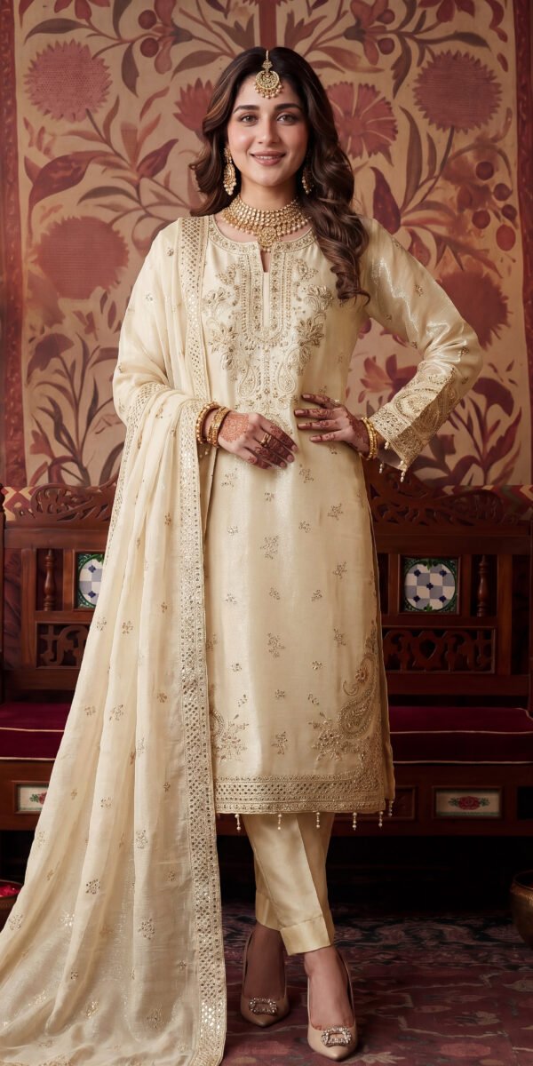FB-320 | Ivory Cream | 3 Pcs Luxury Crincle Silk Embroidered Suit