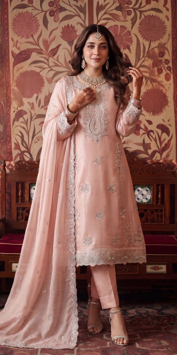 FB-333 | Blush Peach | 3 Pcs Luxury Crincle Silk Embroidered Suit