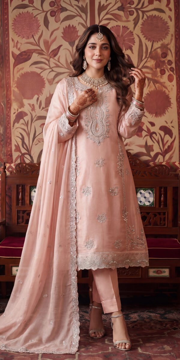 FB-333 | Blush Peach | 3 Pcs Luxury Crincle Silk Embroidered Suit