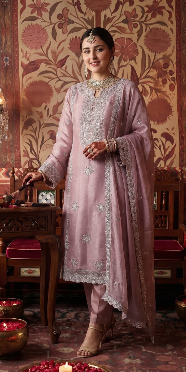 FB-334 | Dusty Mauve | 3 Pcs Luxury Crincle Silk Embroidered Suit