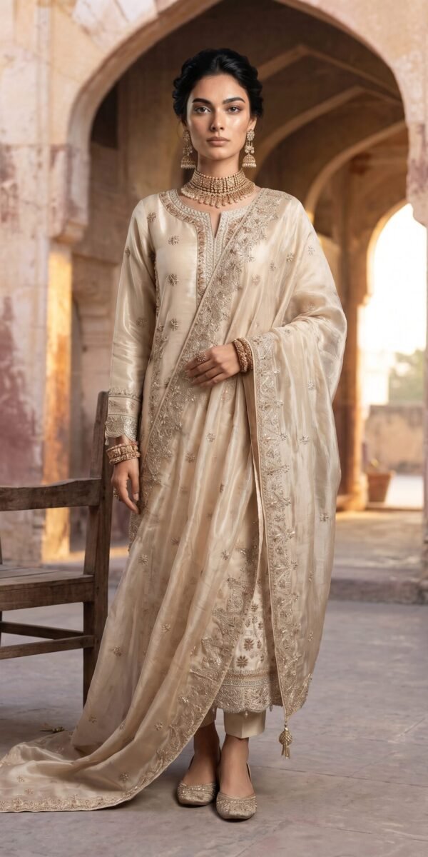 FB-272 | Ivory | 3 Pcs Luxury Shesha Silk Embroidered Suit