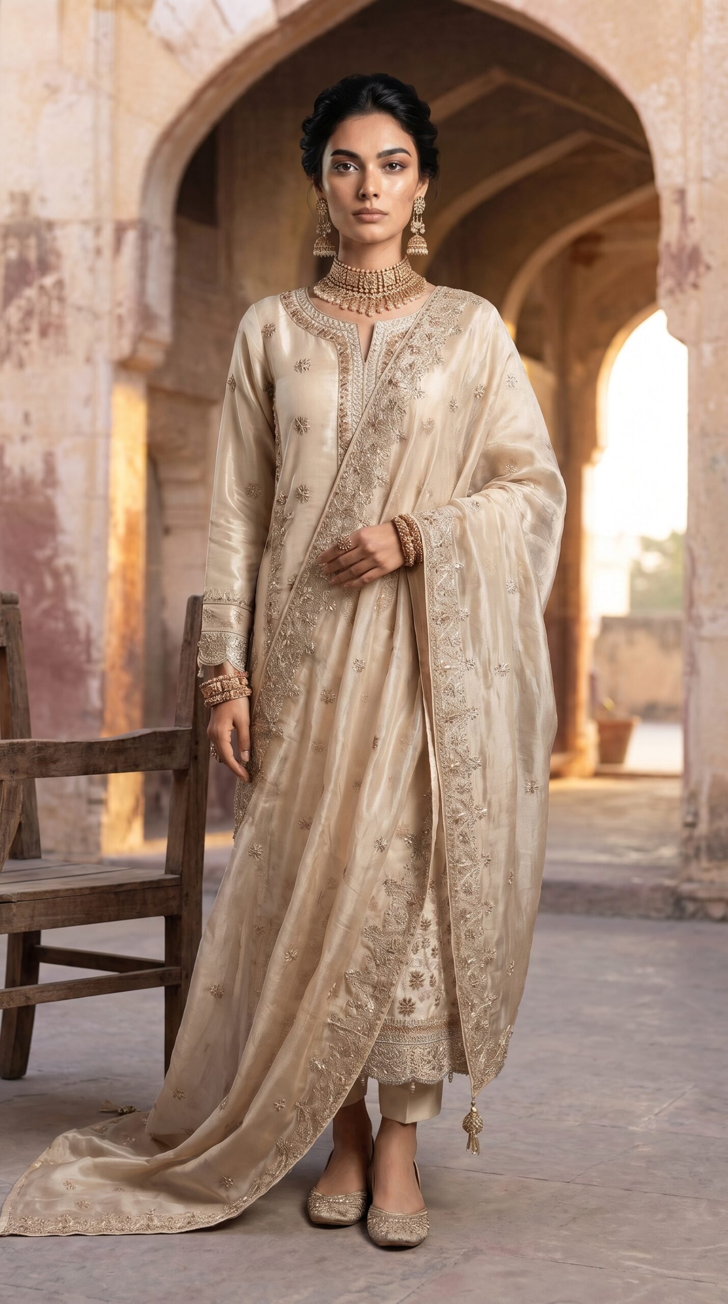FB-272 | Ivory | 3 Pcs Luxury Shesha Silk Embroidered Suit