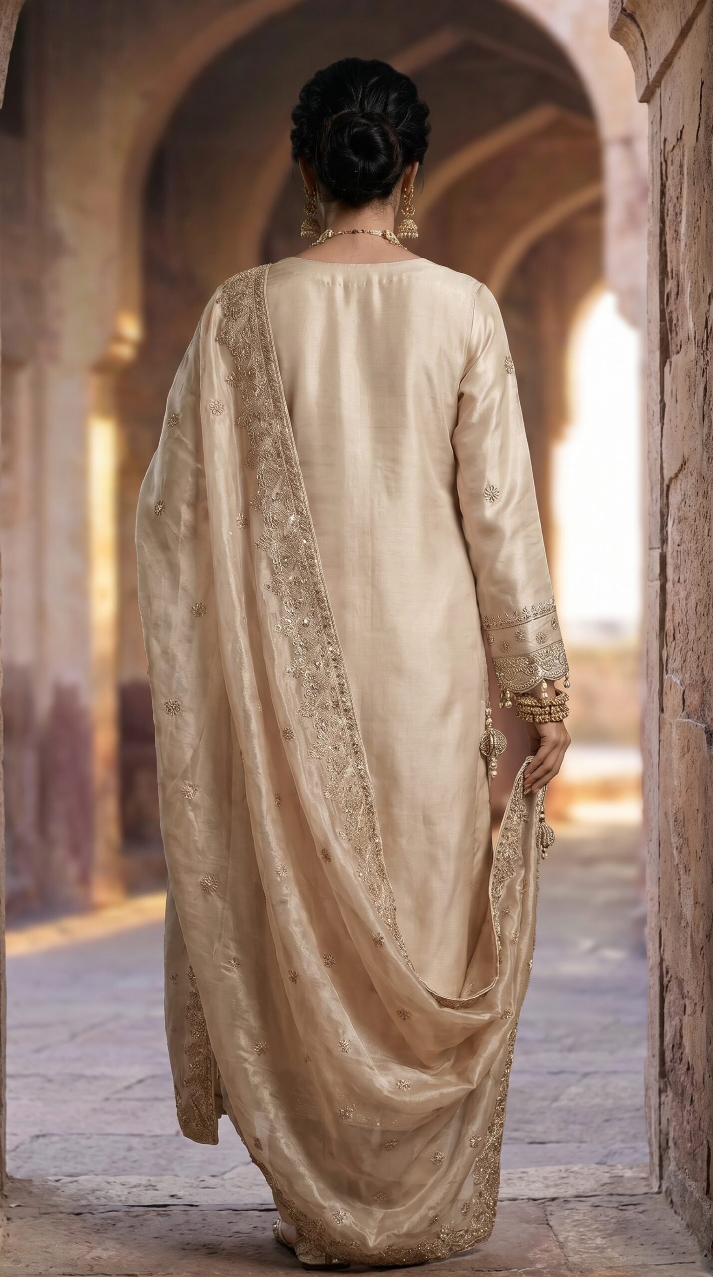 FB-272 | Ivory | 3 Pcs Luxury Shesha Silk Embroidered Suit - Image 2