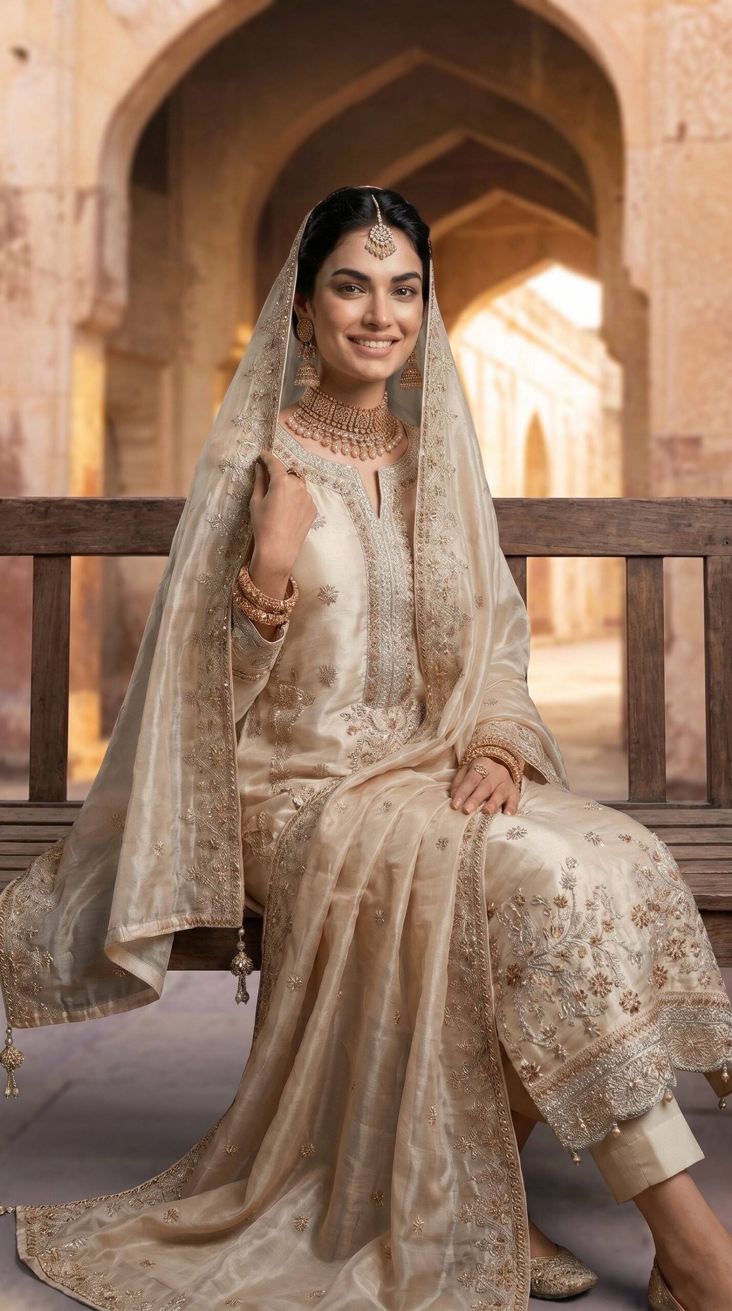 FB-272 | Ivory | 3 Pcs Luxury Shesha Silk Embroidered Suit - Image 3