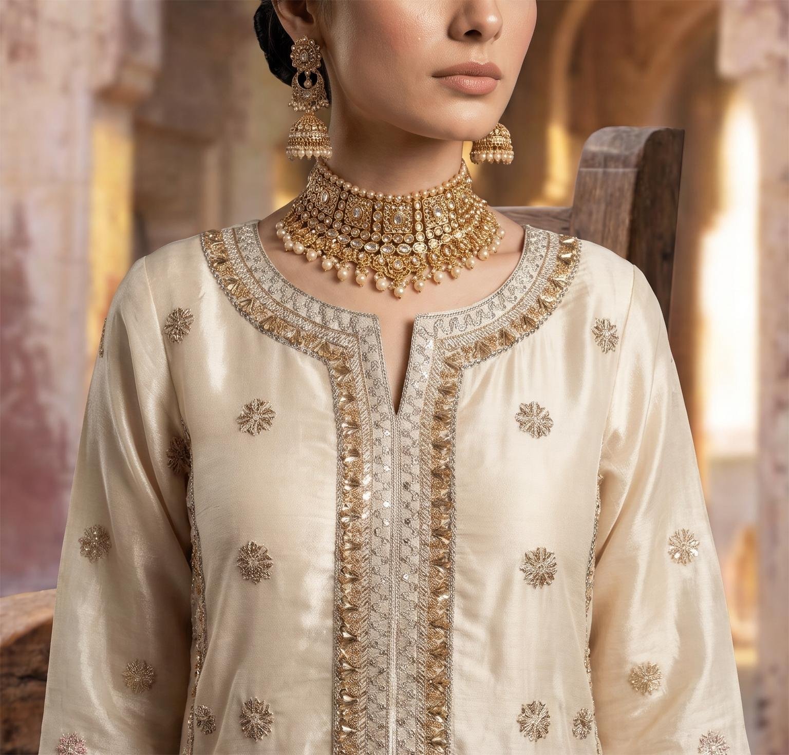 FB-272 | Ivory | 3 Pcs Luxury Shesha Silk Embroidered Suit - Image 4