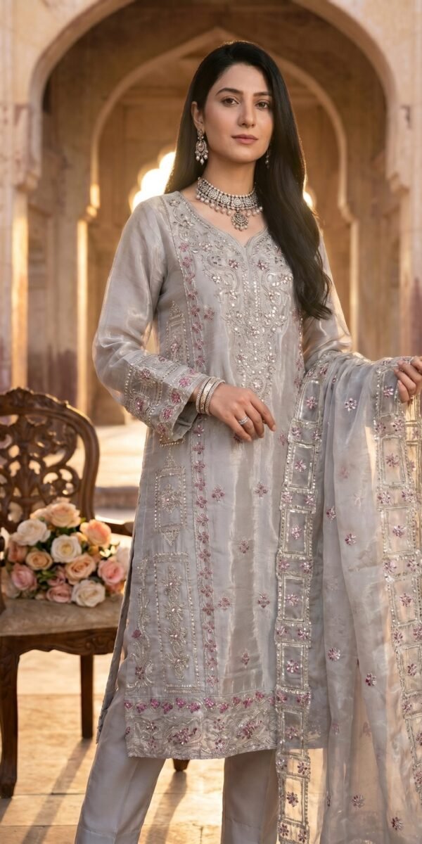 FB-273 | Pearl Grey | 3 Pcs Luxury Shesha Silk Embroidered Suit