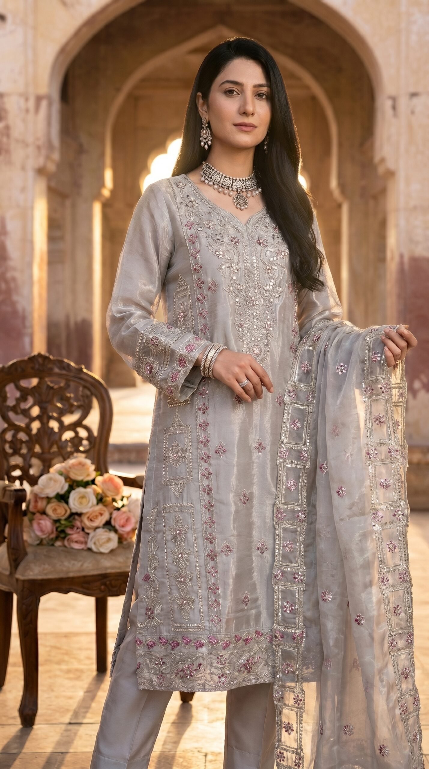 FB-273 | Pearl Grey | 3 Pcs Luxury Shesha Silk Embroidered Suit
