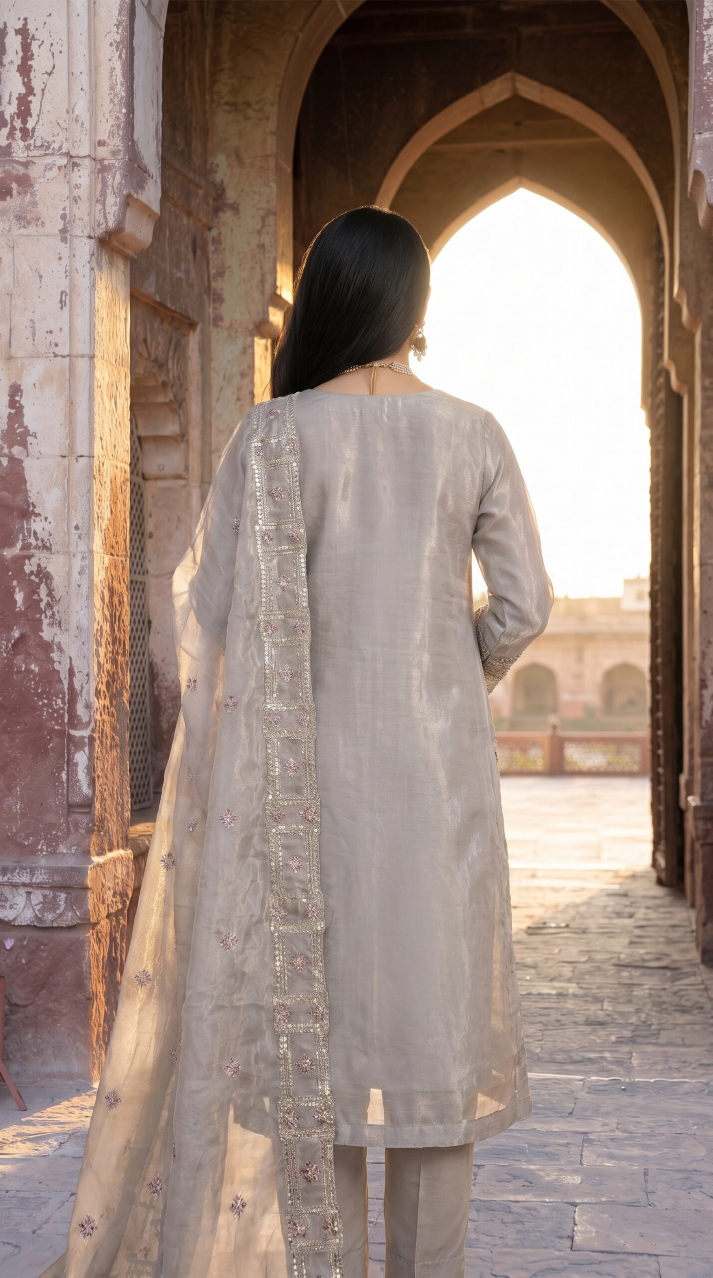 FB-273 | Pearl Grey | 3 Pcs Luxury Shesha Silk Embroidered Suit - Image 2