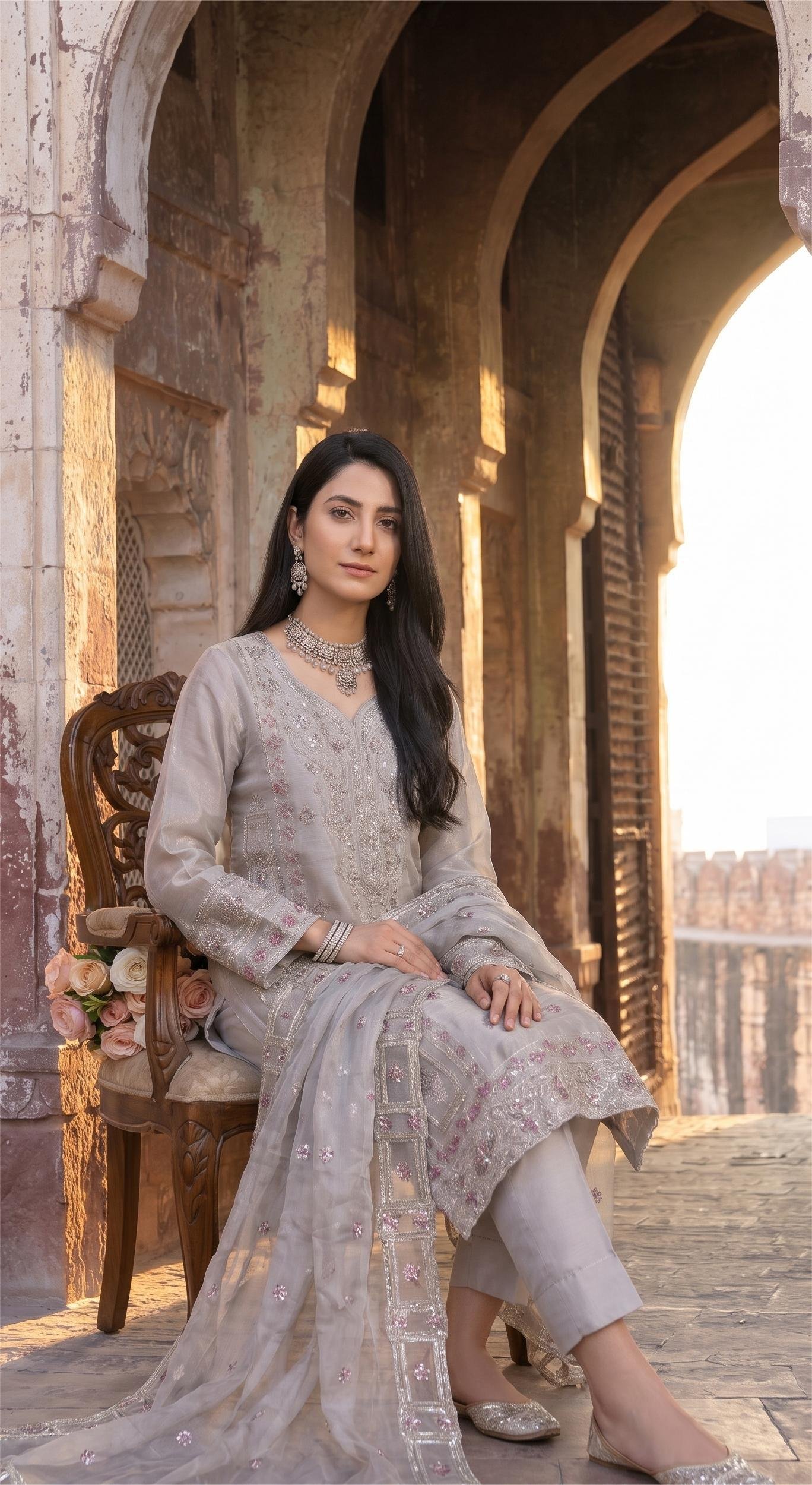 FB-273 | Pearl Grey | 3 Pcs Luxury Shesha Silk Embroidered Suit - Image 3