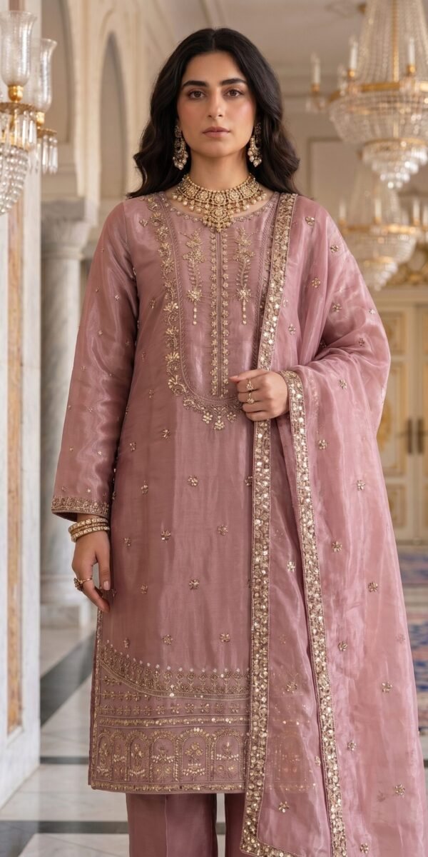 FB-287 | Dusty Rose | 3 Pcs Luxury Shesha Silk Embroidered Suit